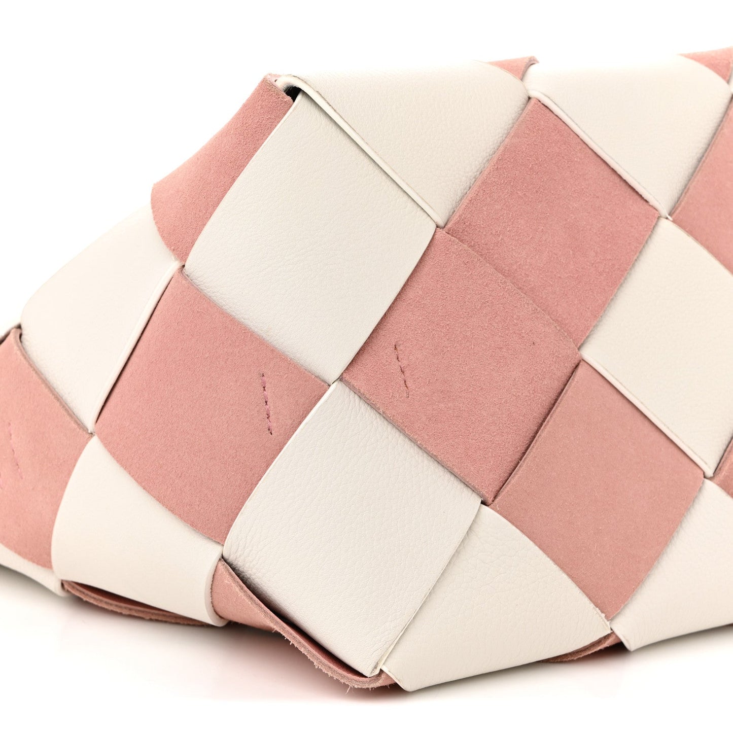 Calfskin Suede Gingham Woven Basket Bag Soft Pink White