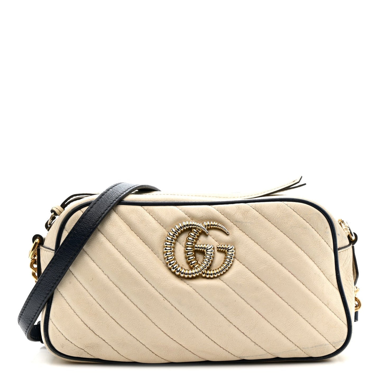 Vintage Effect Calfskin Matelasse Diagonal Small Torchon GG Marmont Chain Shoulder Bag Mystic White Blue Agata