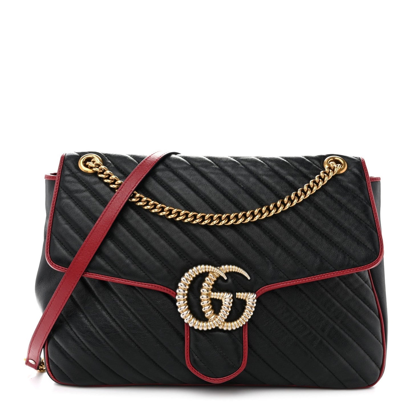 Vintage Effect Calfskin Matelasse Diagonal Large Torchon GG Marmont Shoulder Bag Black Romantic Cherry