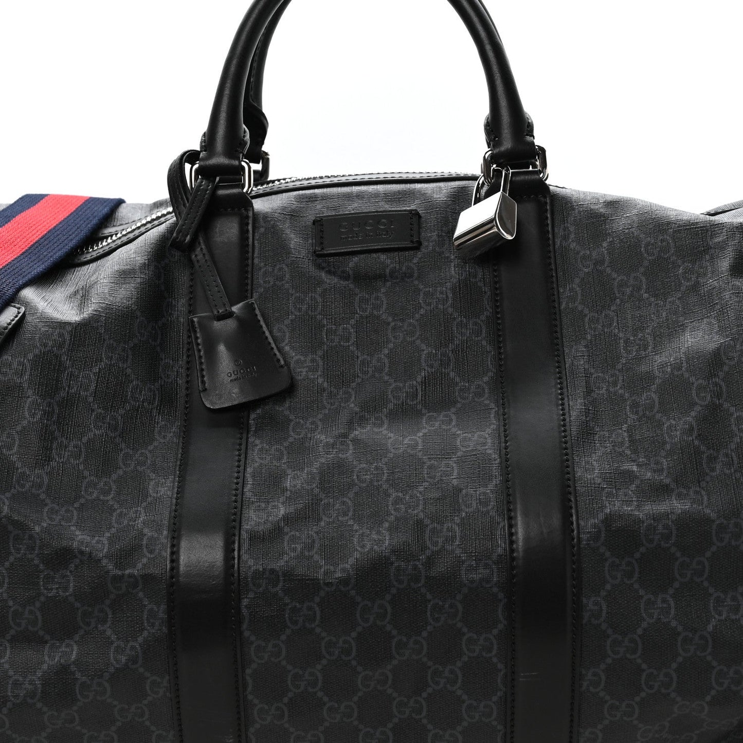 Soft GG Supreme Monogram Appia Calfskin Web Large Carry On Duffle Bag Black Grey
