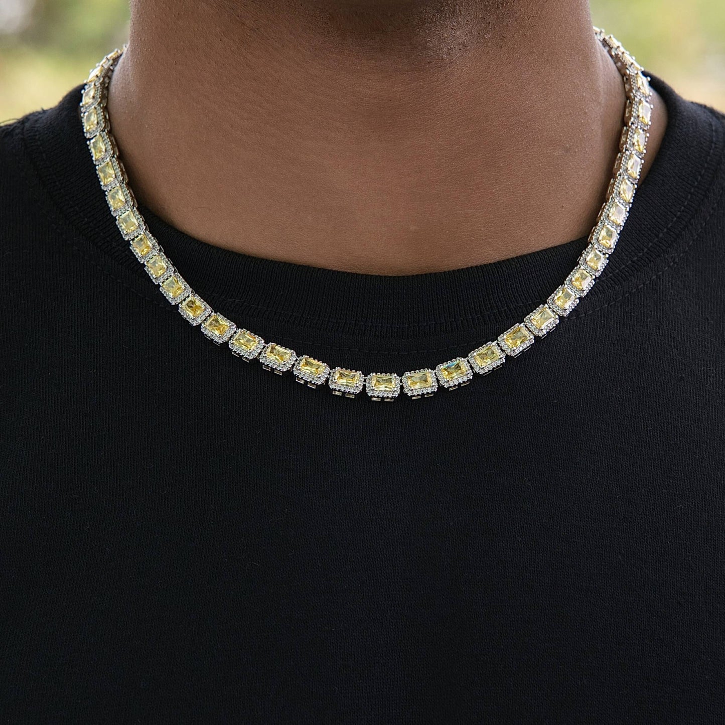 Iced Canary Cushion Cut Tennis Chain in White Gold - 7MM