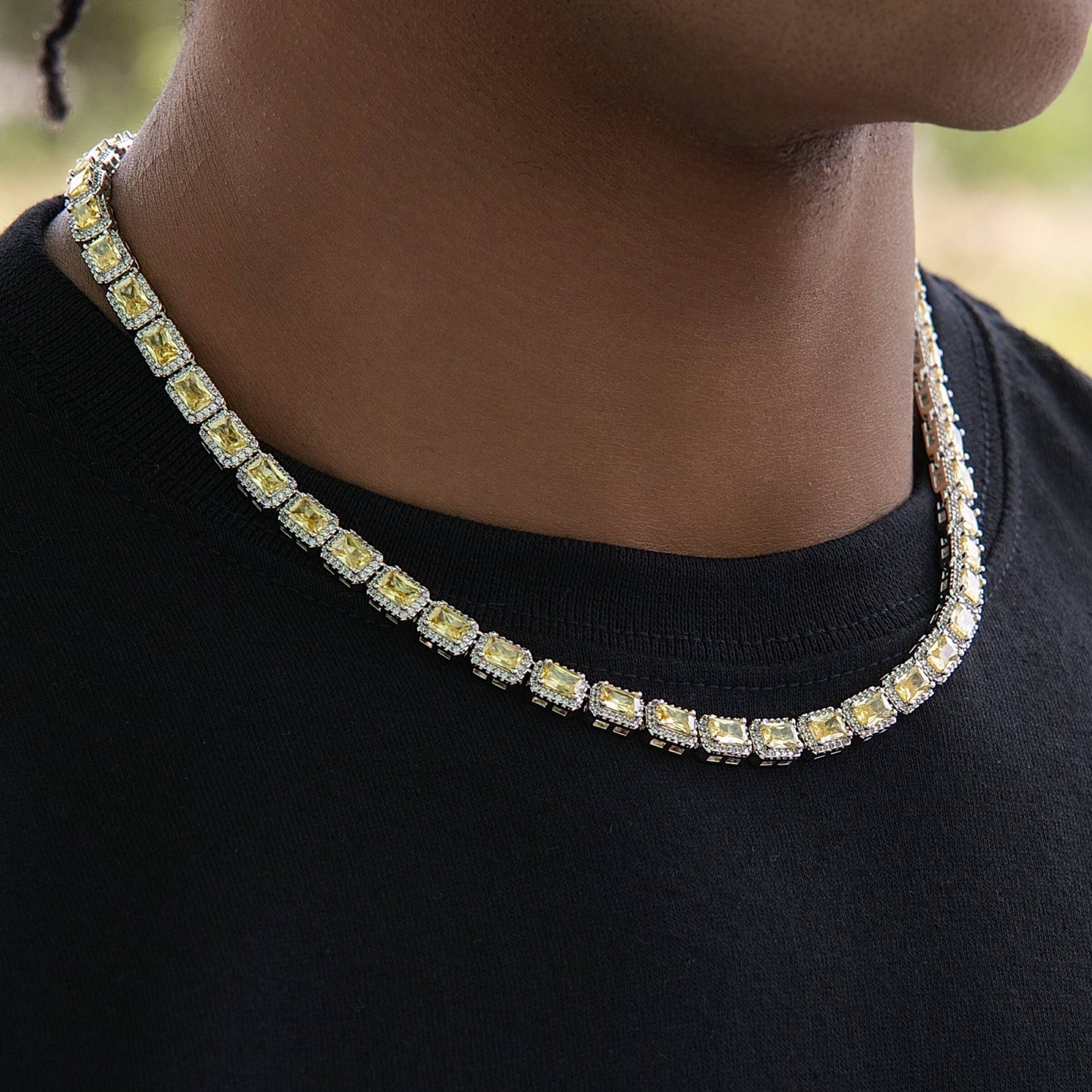 Iced Canary Cushion Cut Tennis Chain in White Gold - 7MM