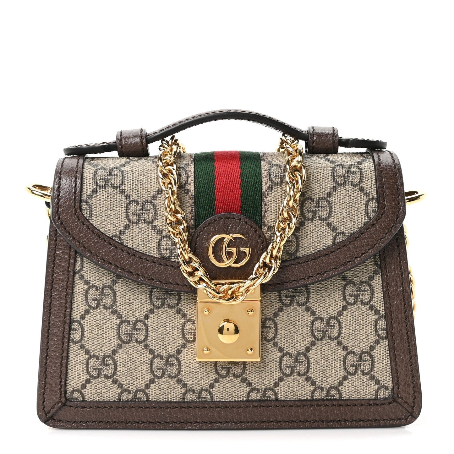 GG Supreme Monogram Textured Dollar Calfskin Web Mini Ophidia Padlock Top Handle Chain Shoulder Bag Beige Ebony New Acero