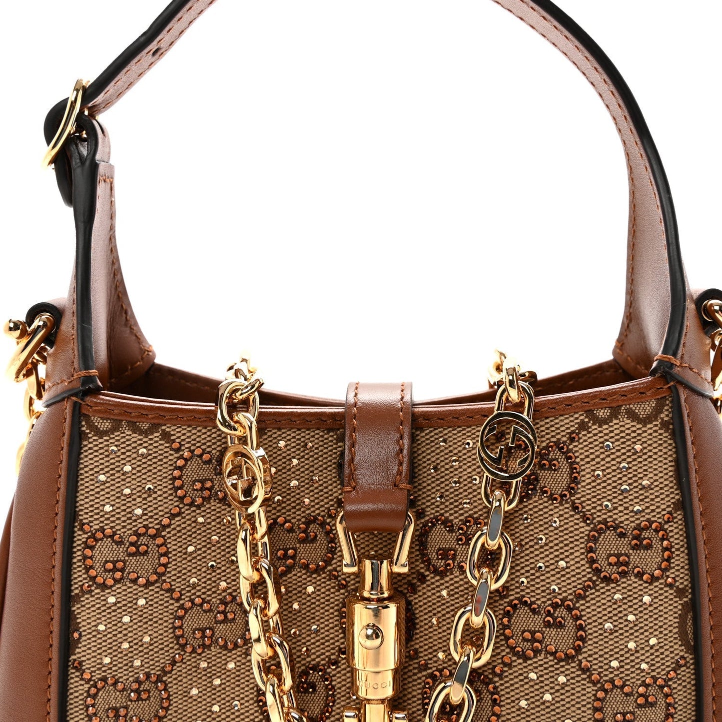 New Canvas Charisma Calfskin Crystal GG Monogram Mini Jackie 1961 Hobo Camel Ebony