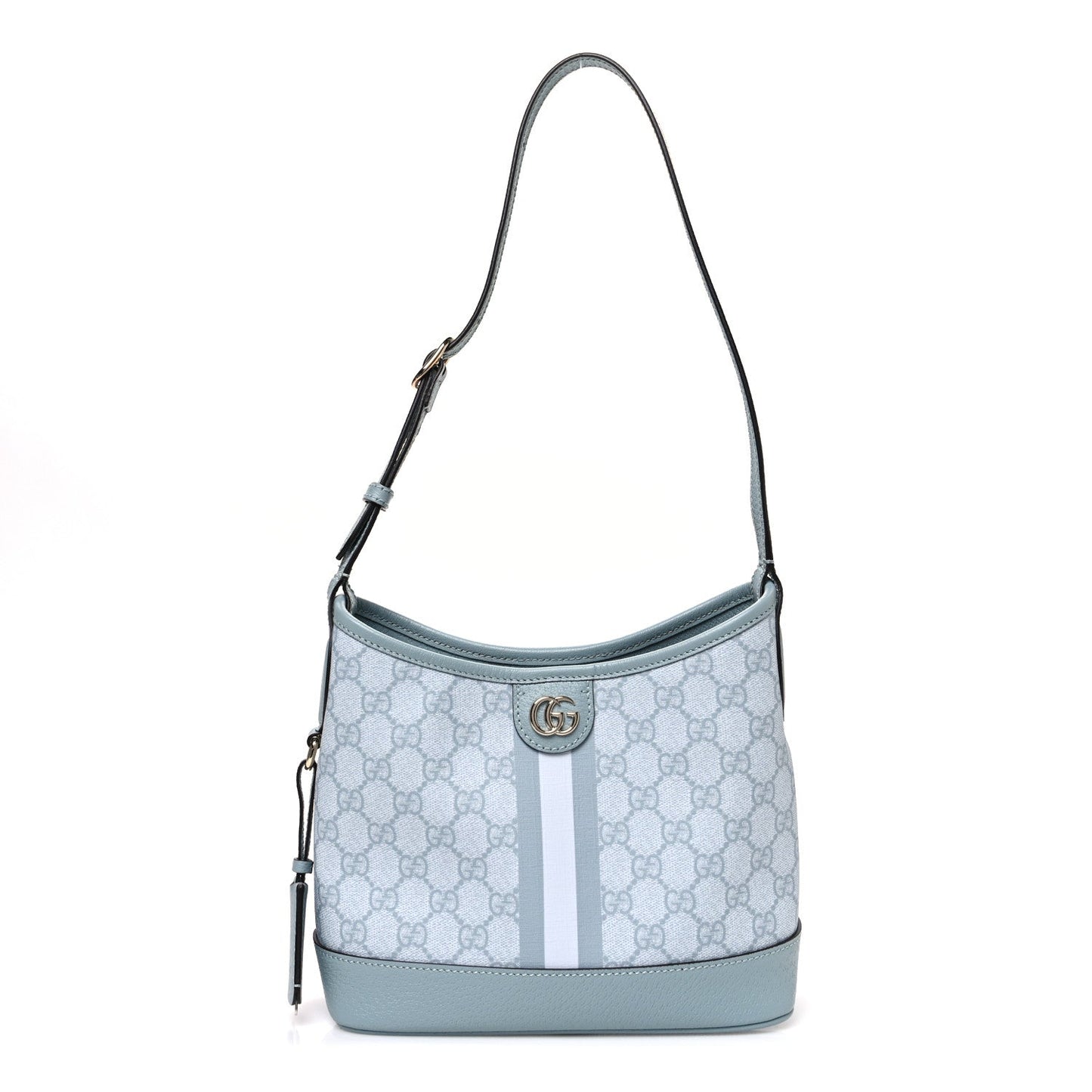 GG Supreme Monogram Textured Dollar Calfskin Web Small Ophidia Bucket Shoulder Bag Dusty Blue