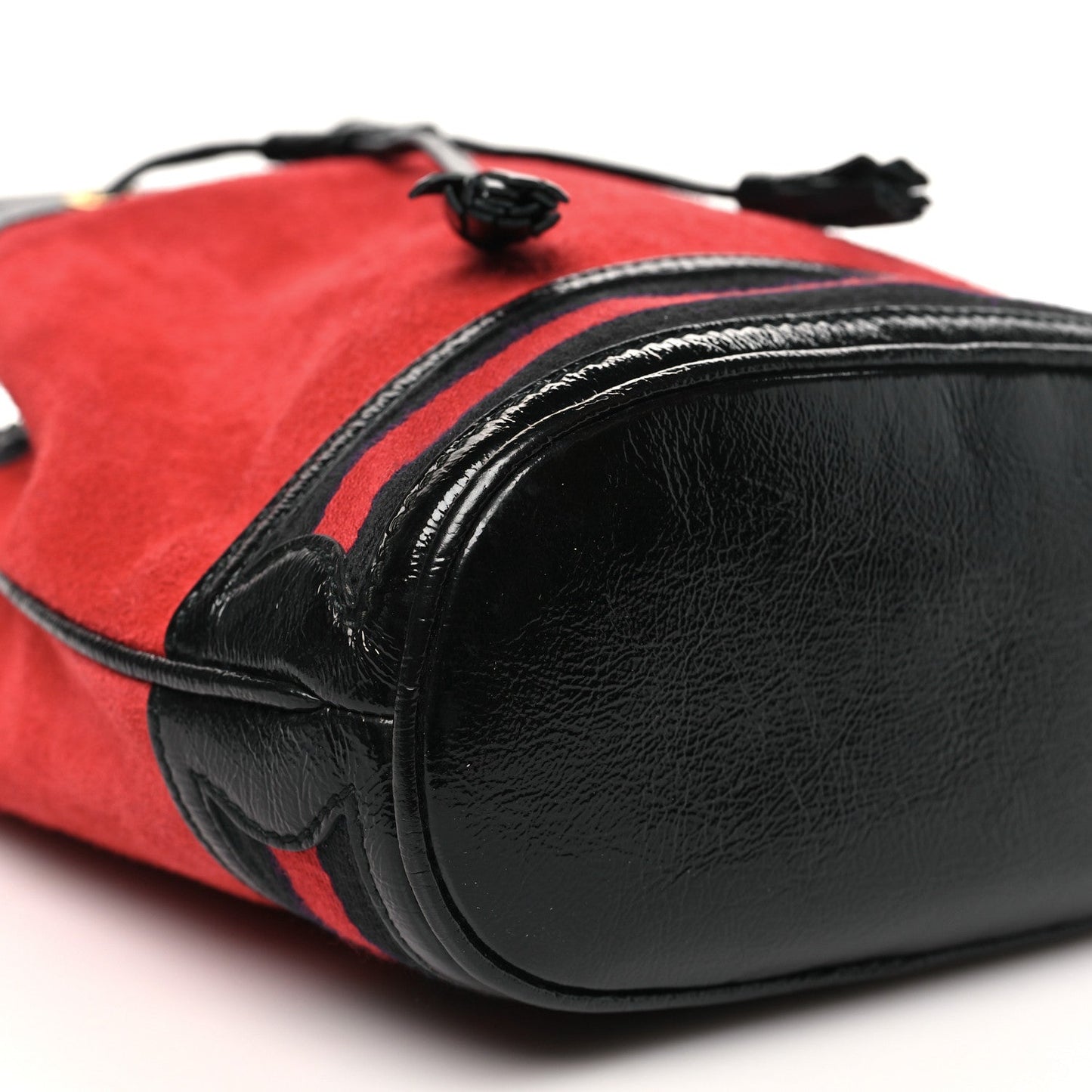 Suede Patent Web Small Ophidia Bucket Bag Hibiscus Red Black