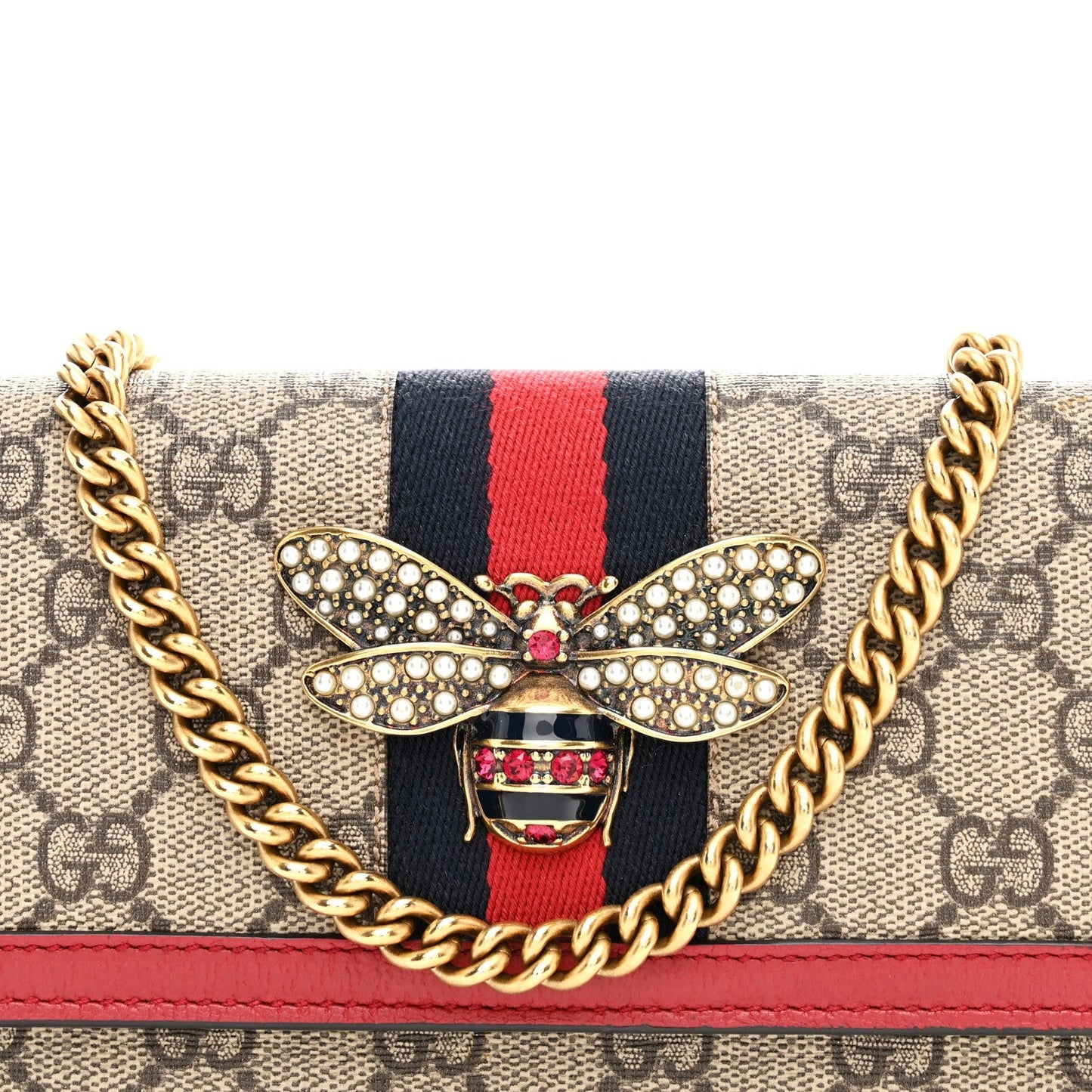 GG Supreme Monogram Web Queen Margaret Chain Wallet Red