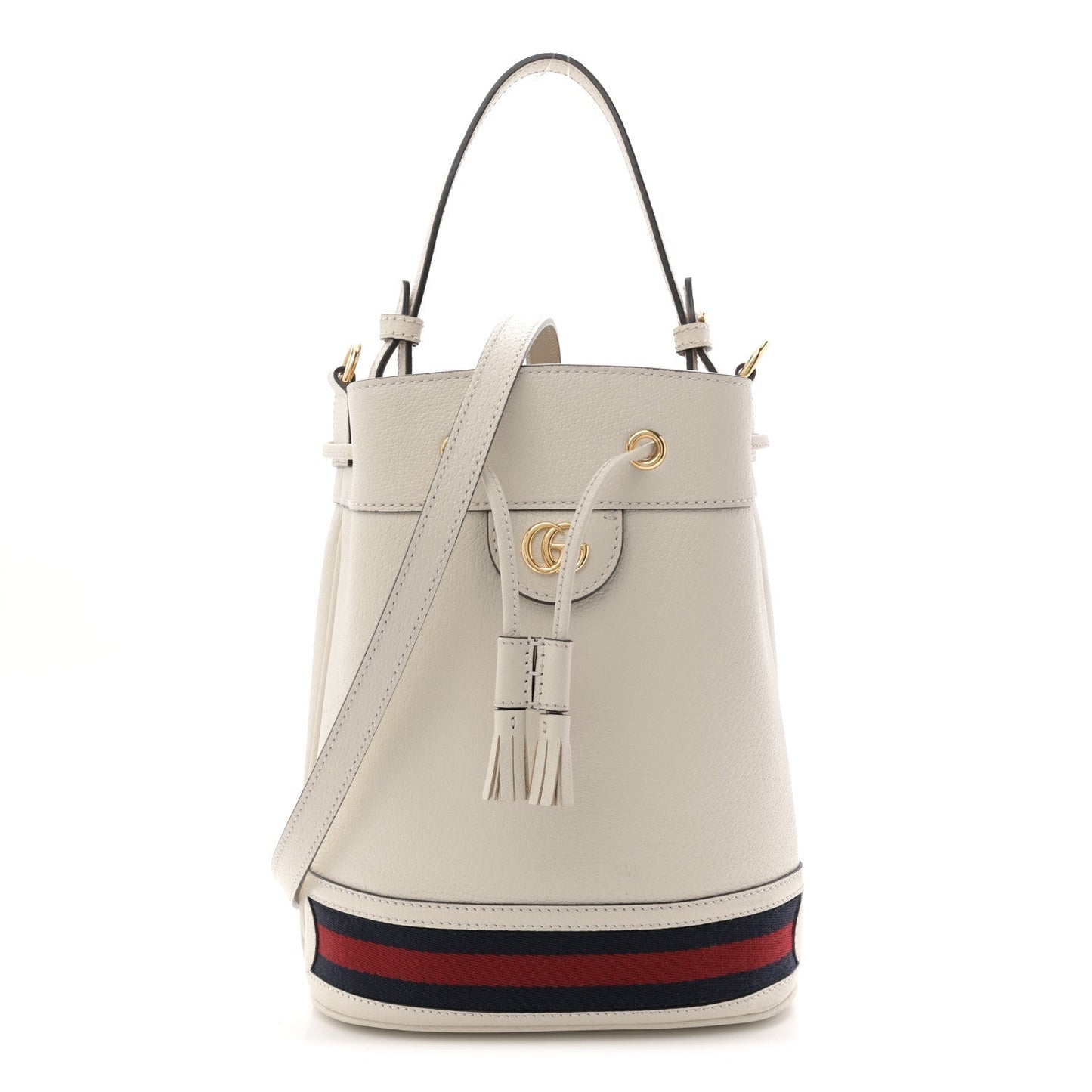 Glazed Textured Calfskin Web Small Ophidia Bucket Bag Mystic White