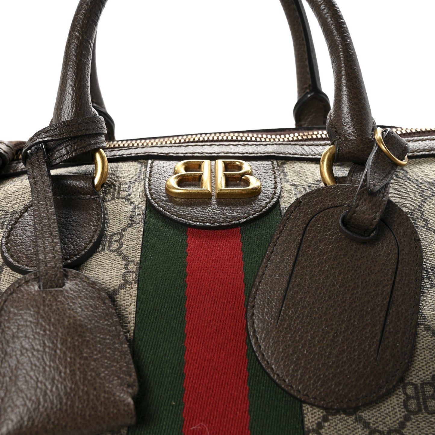 X BALENCIAGA BB Supreme Monogram Web Medium Ophidia Carry-On Duffle Bag Beige New Acero