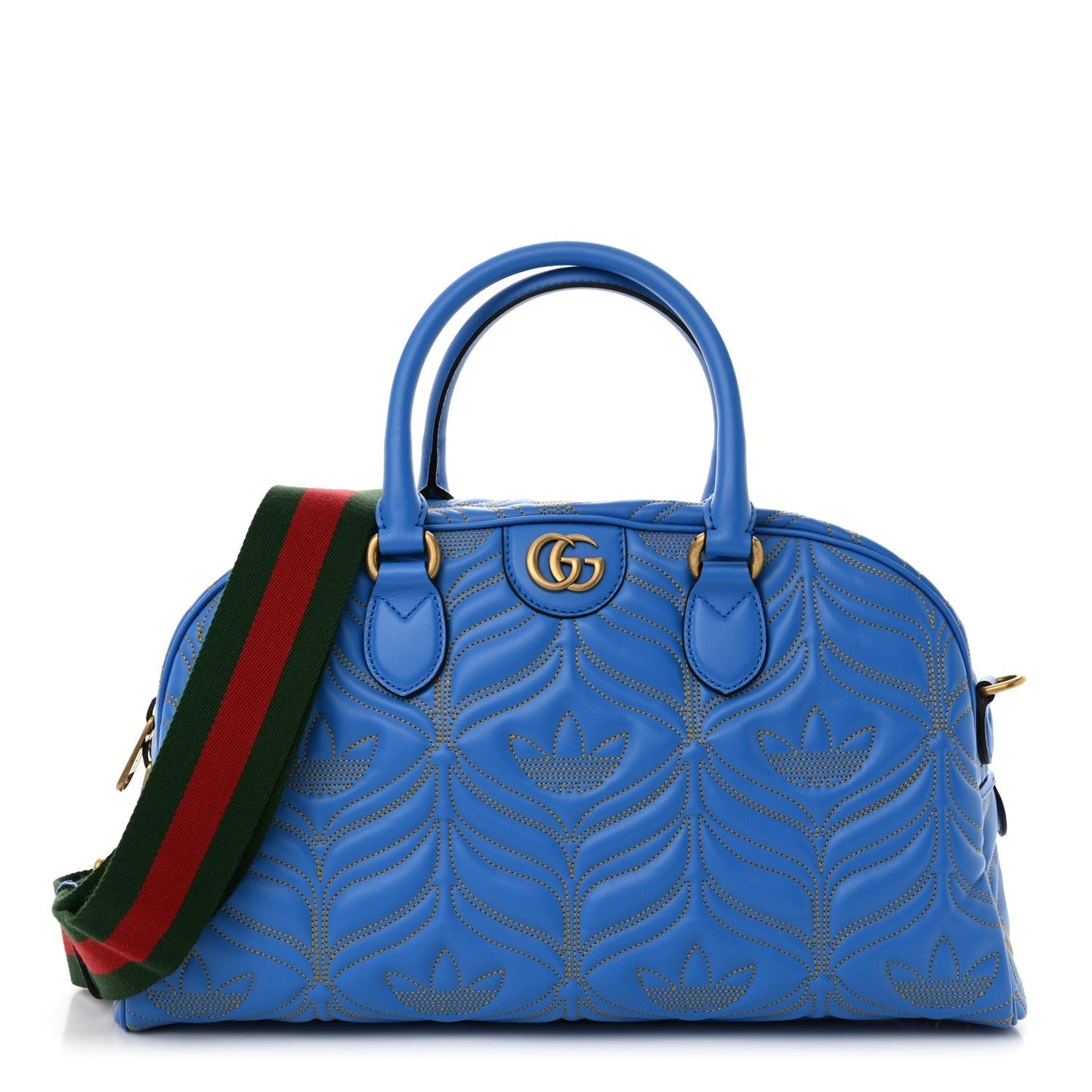 X ADIDAS Calfskin Trefoil Web GG Marmont Medium Duffle Bag Blue