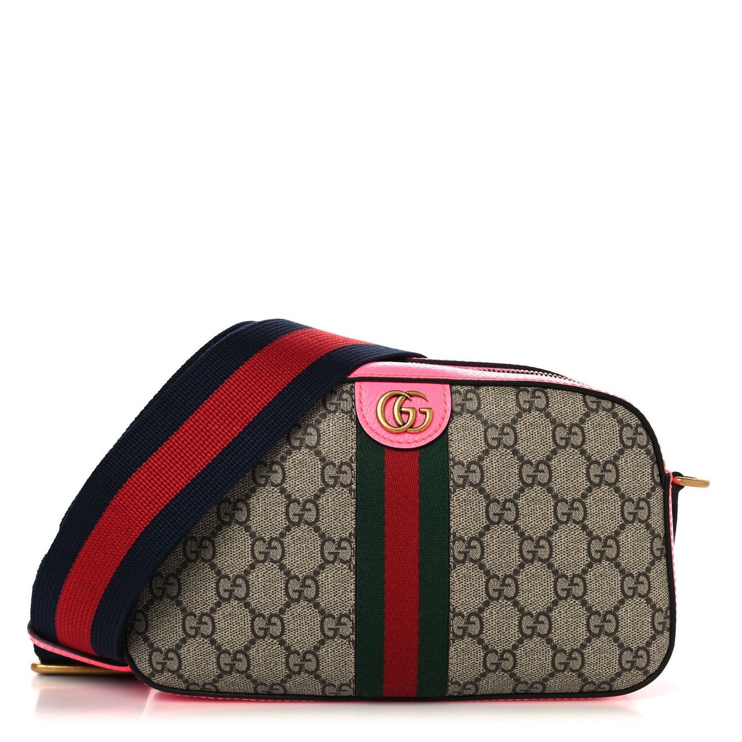 GG Supreme Monogram Textured Dollar Calfskin Web Ophidia Small Crossbody Bag Beige Ebony Fuchsia