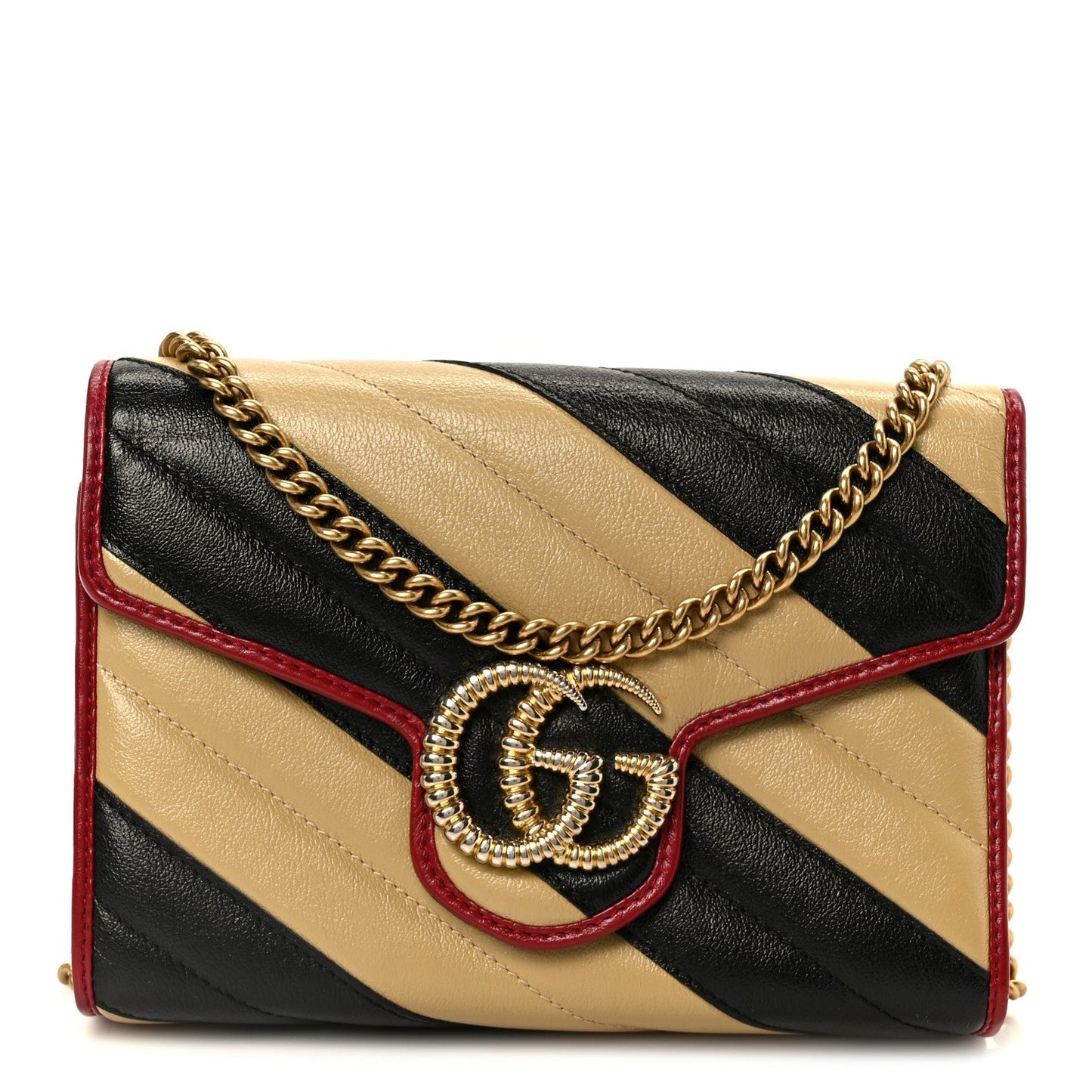 Azalea Calfskin Matelasse Diagonal Patchwork Torchon GG Marmont Chain Wallet Black Beige Romantic Cerise