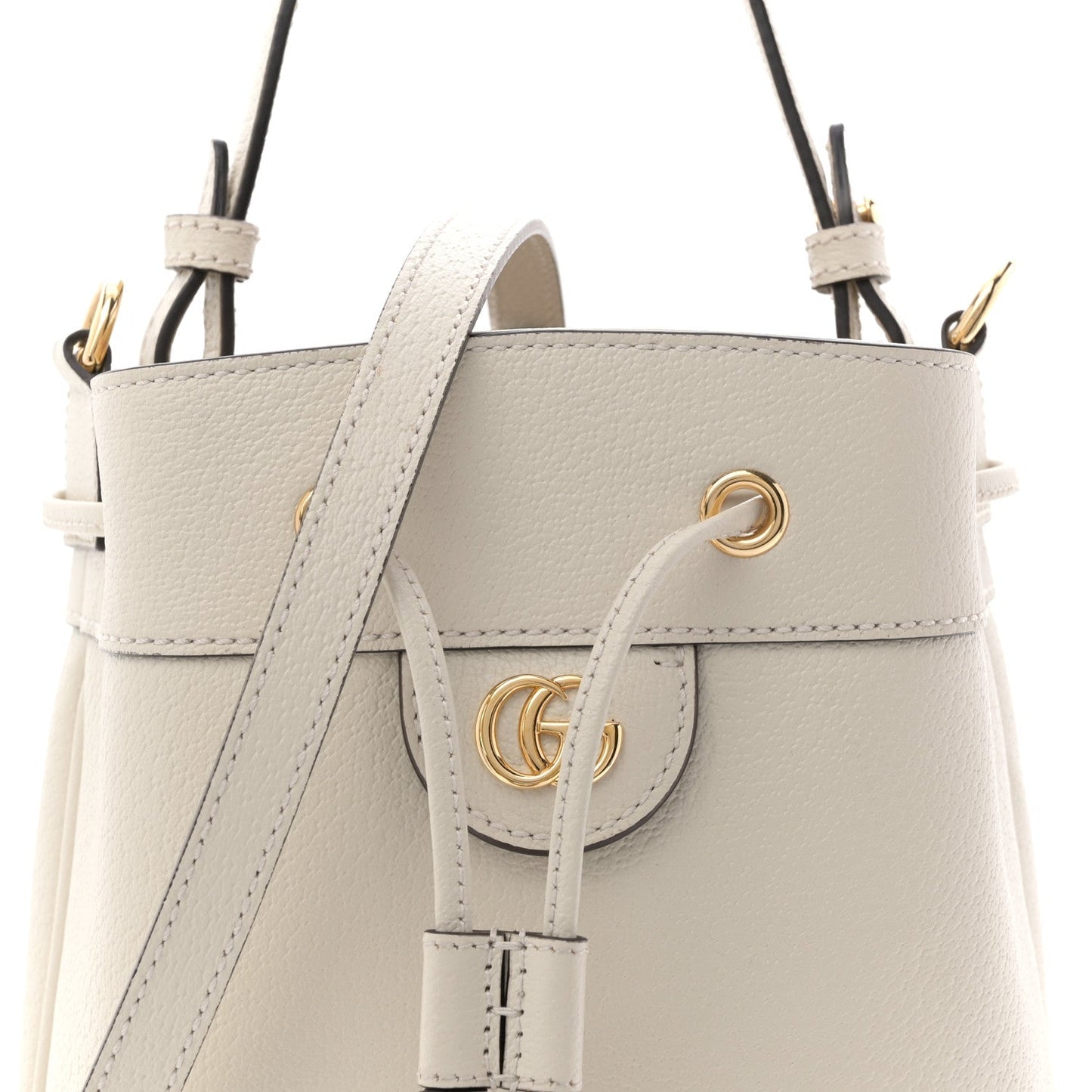 Glazed Textured Calfskin Web Small Ophidia Bucket Bag Mystic White