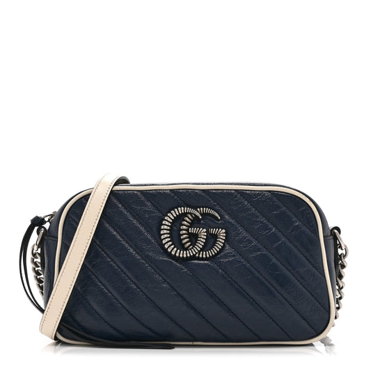 Vintage Effect Calfskin Matelasse Diagonal Small Torchon GG Marmont Chain Shoulder Bag Blue Agata Mystic White
