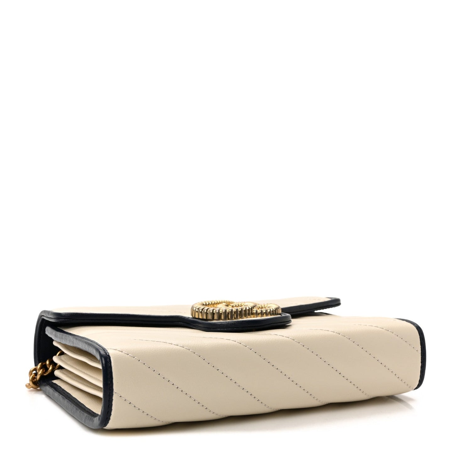 Vintage Effect Calfskin Matelasse Diagonal Torchon GG Marmont Chain Wallet Mystic White Blue Agata