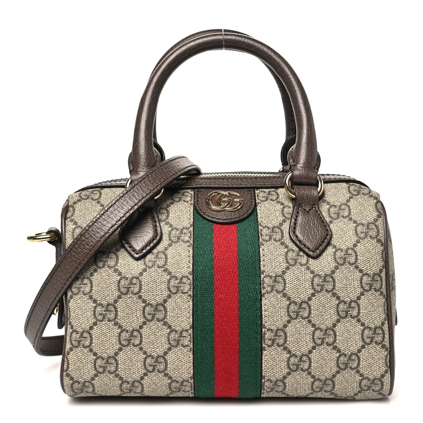 GG Supreme Monogram Textured Dollar Calfskin Web Mini Ophidia Top Handle Bowler Bag Beige Ebony New Acero