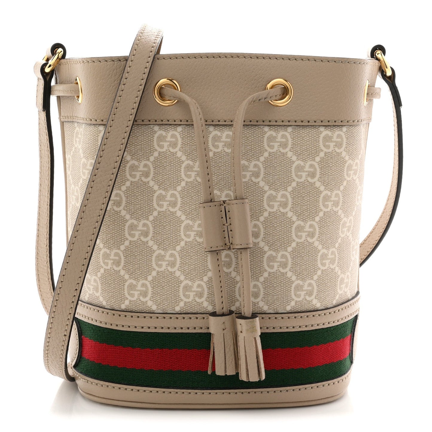 GG Supreme Monogram Textured Calfskin Web Mini Ophidia Bucket Bag Beige Ebony Mystic White Oatmeal