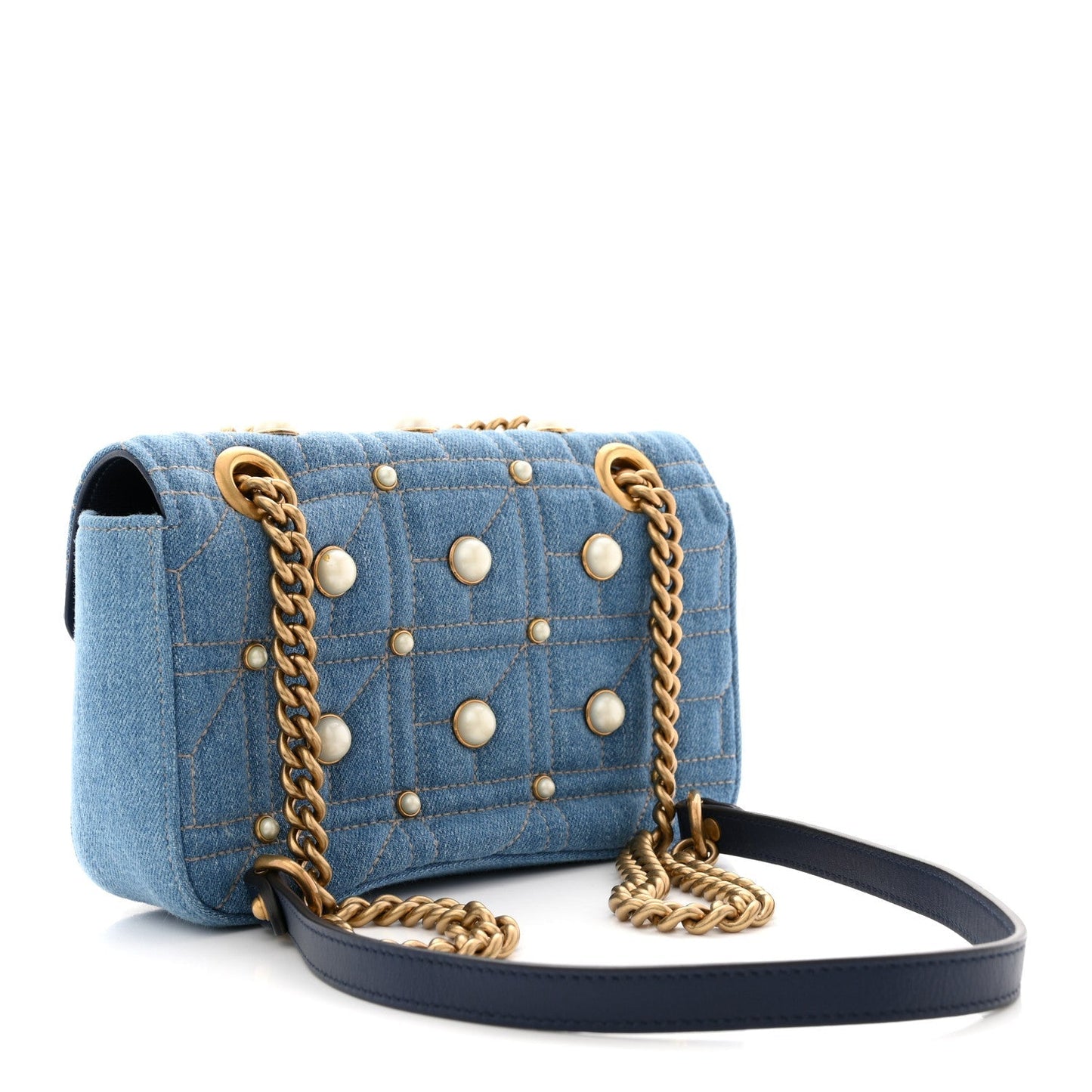 Denim Matelasse Pearl Studded Mini GG Marmont Shoulder Bag Blue