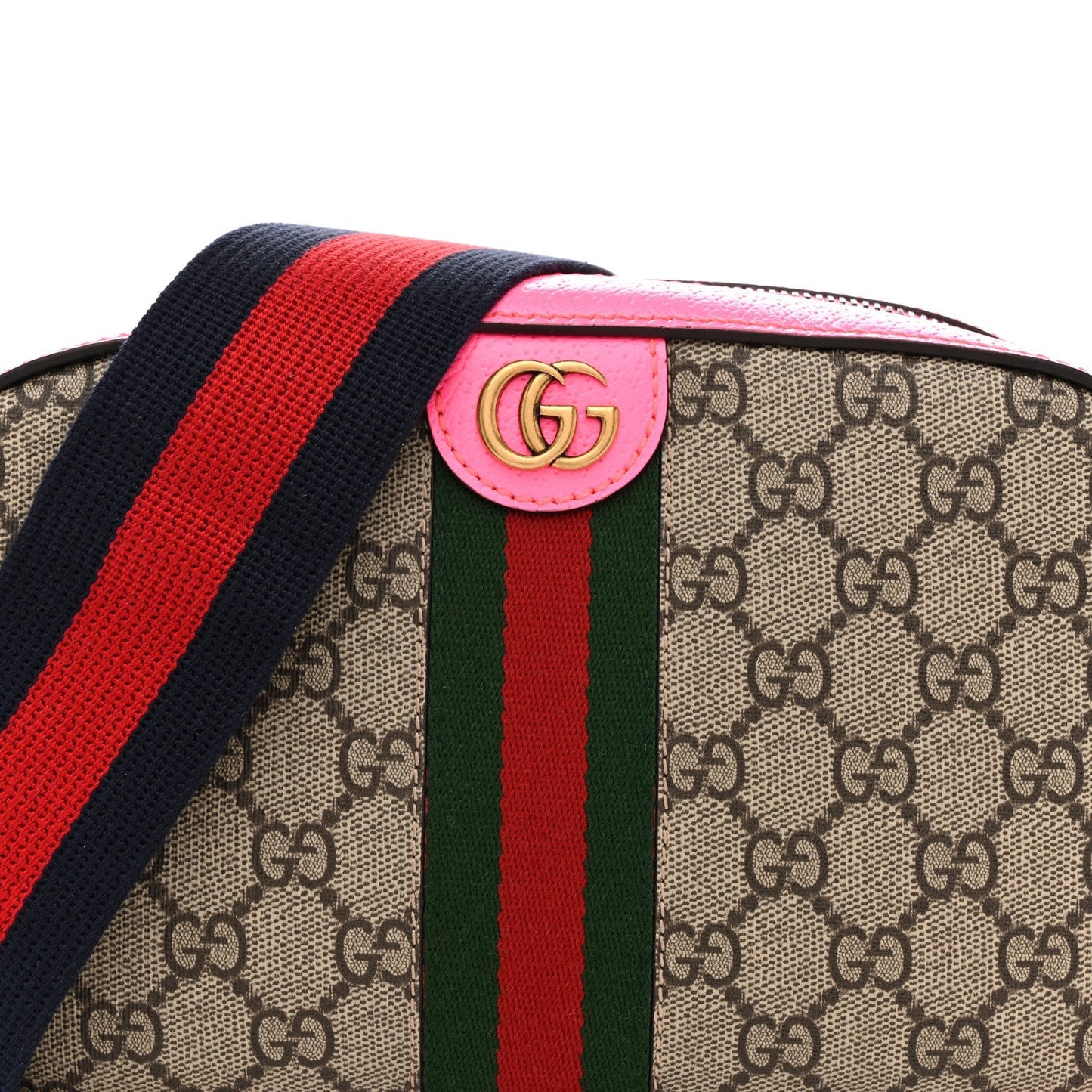 GG Supreme Monogram Textured Dollar Calfskin Web Ophidia Small Crossbody Bag Beige Ebony Fuchsia