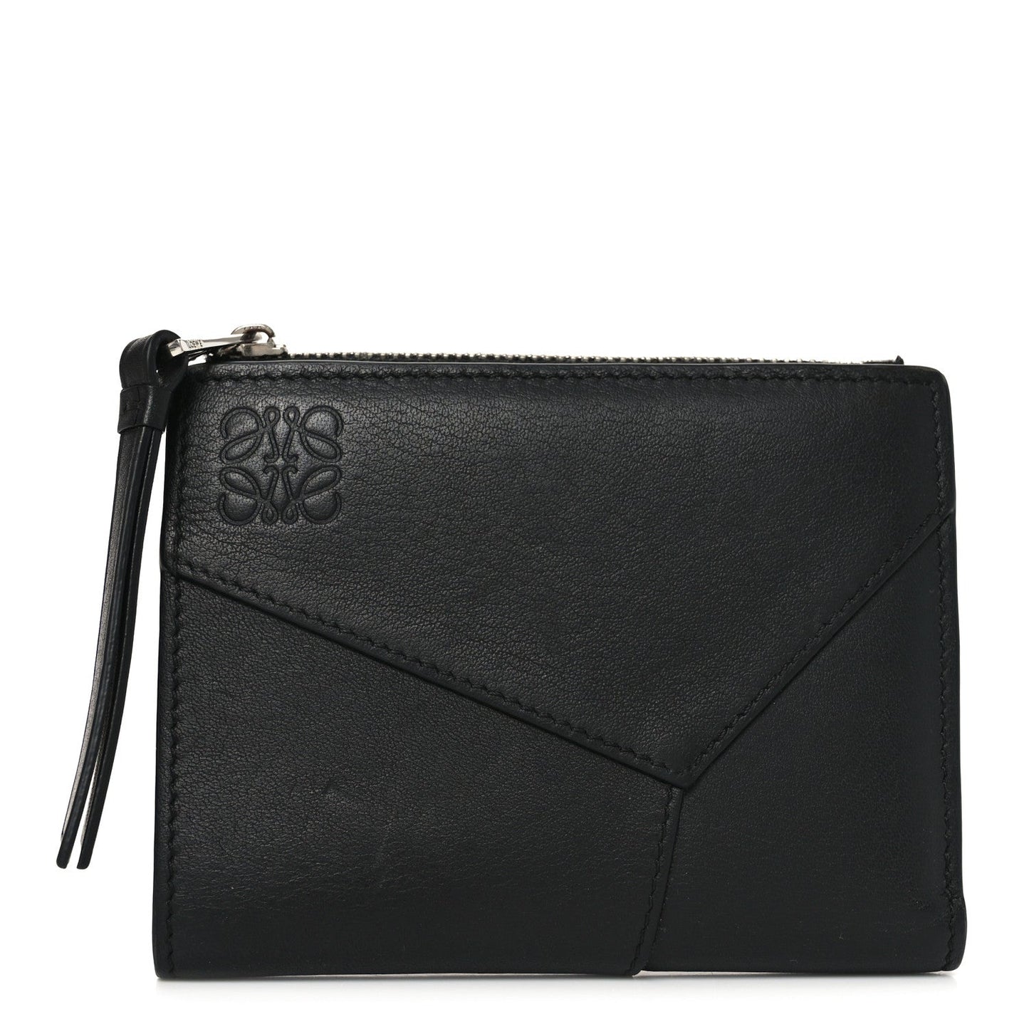 Calfskin Puzzle Zip Slim Compact Bi-Fold Wallet Black
