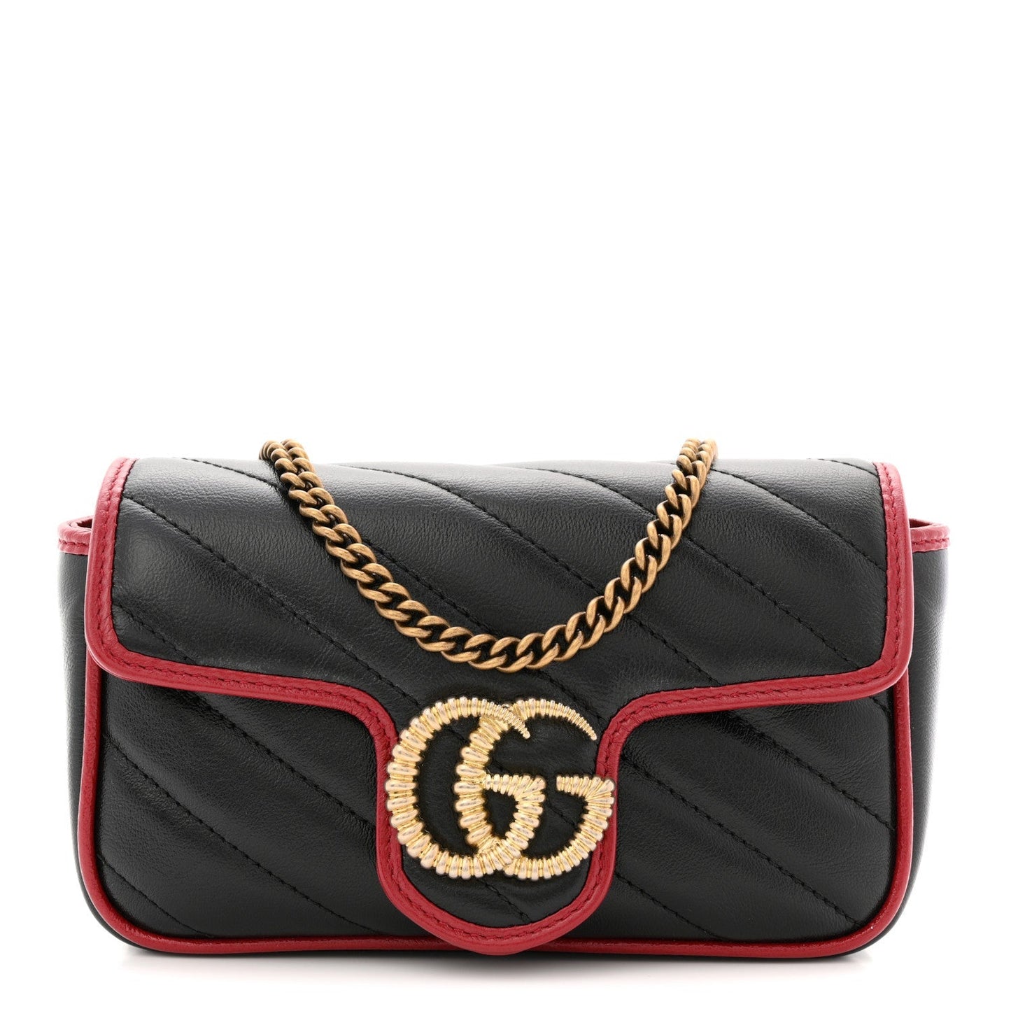 Vintage Effect Calfskin Matelasse Diagonal Super Mini Torchon GG Marmont Shoulder Bag Black Romantic Cherry