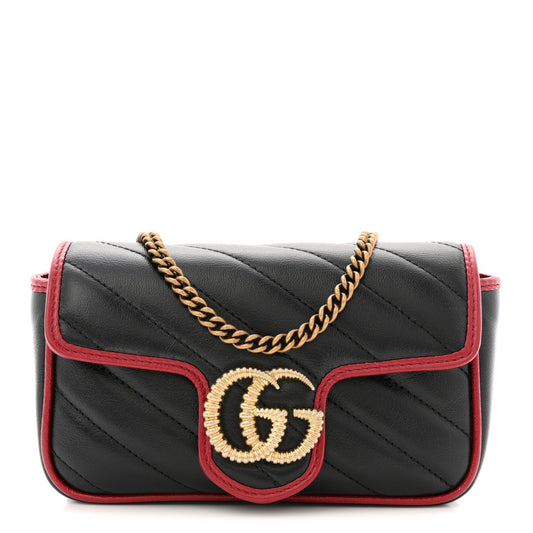 Vintage Effect Calfskin Matelasse Diagonal Super Mini Torchon GG Marmont Shoulder Bag Black Romantic Cherry