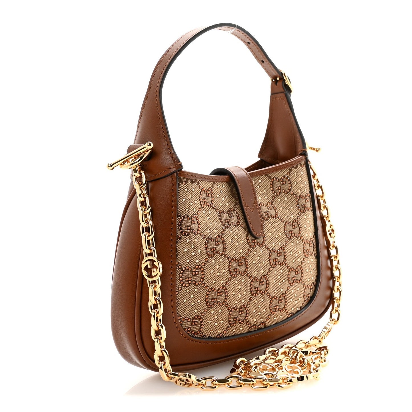 New Canvas Charisma Calfskin Crystal GG Monogram Mini Jackie 1961 Hobo Camel Ebony