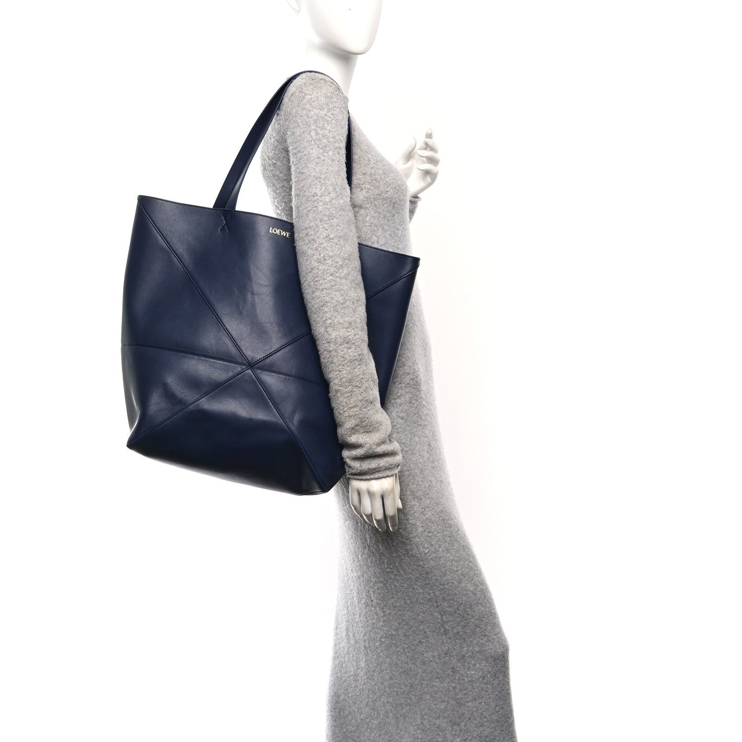 Shiny Calfskin Large Puzzle Fold Tote Abyss Blue