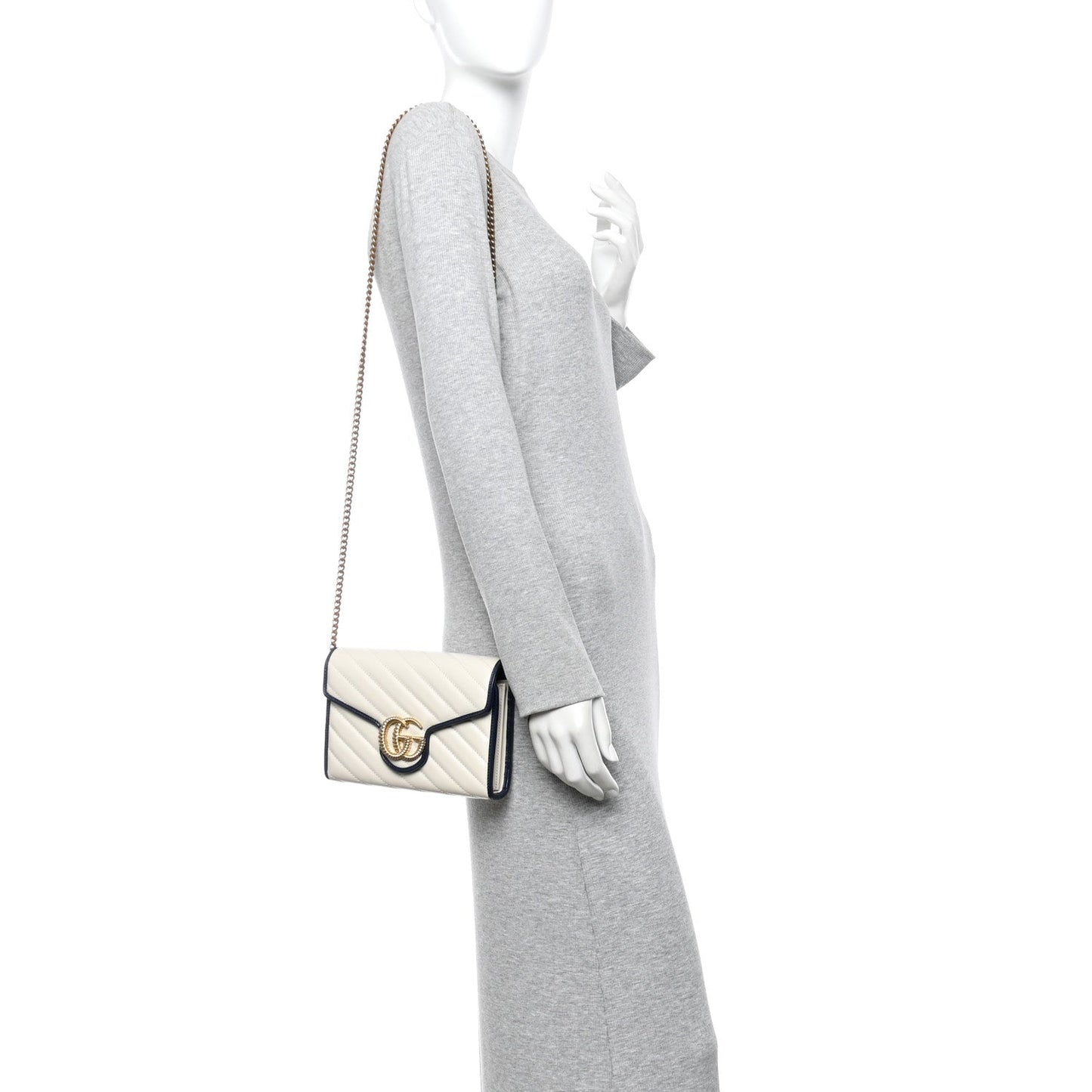 Vintage Effect Calfskin Matelasse Diagonal Torchon GG Marmont Chain Wallet Mystic White Blue Agata