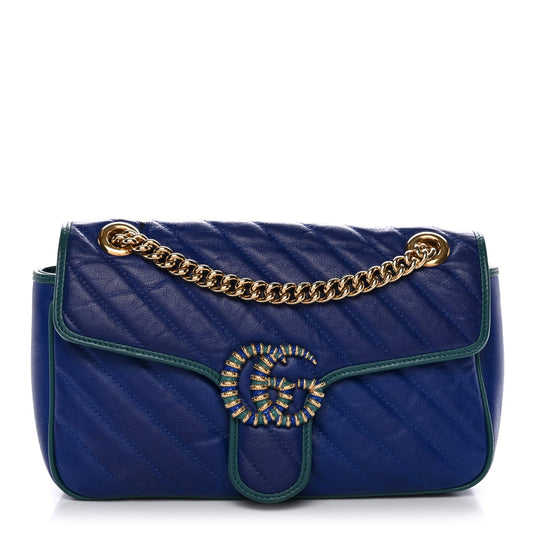 Azalea Calfskin Enamel Matelasse Diagonal Small Torchon GG Marmont Shoulder Bag Imperial Blue Pavone