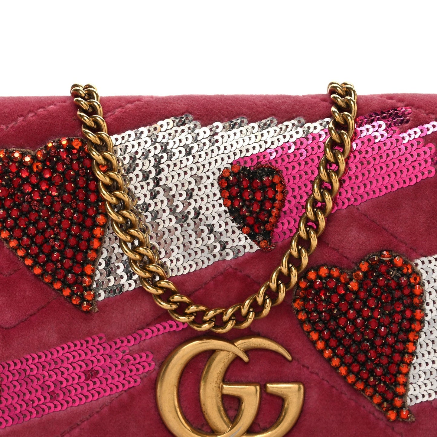 Velvet Matelasse Crystal Sequin Heart Embroidered GG Marmont Mini Bag Light Raspberry Rose