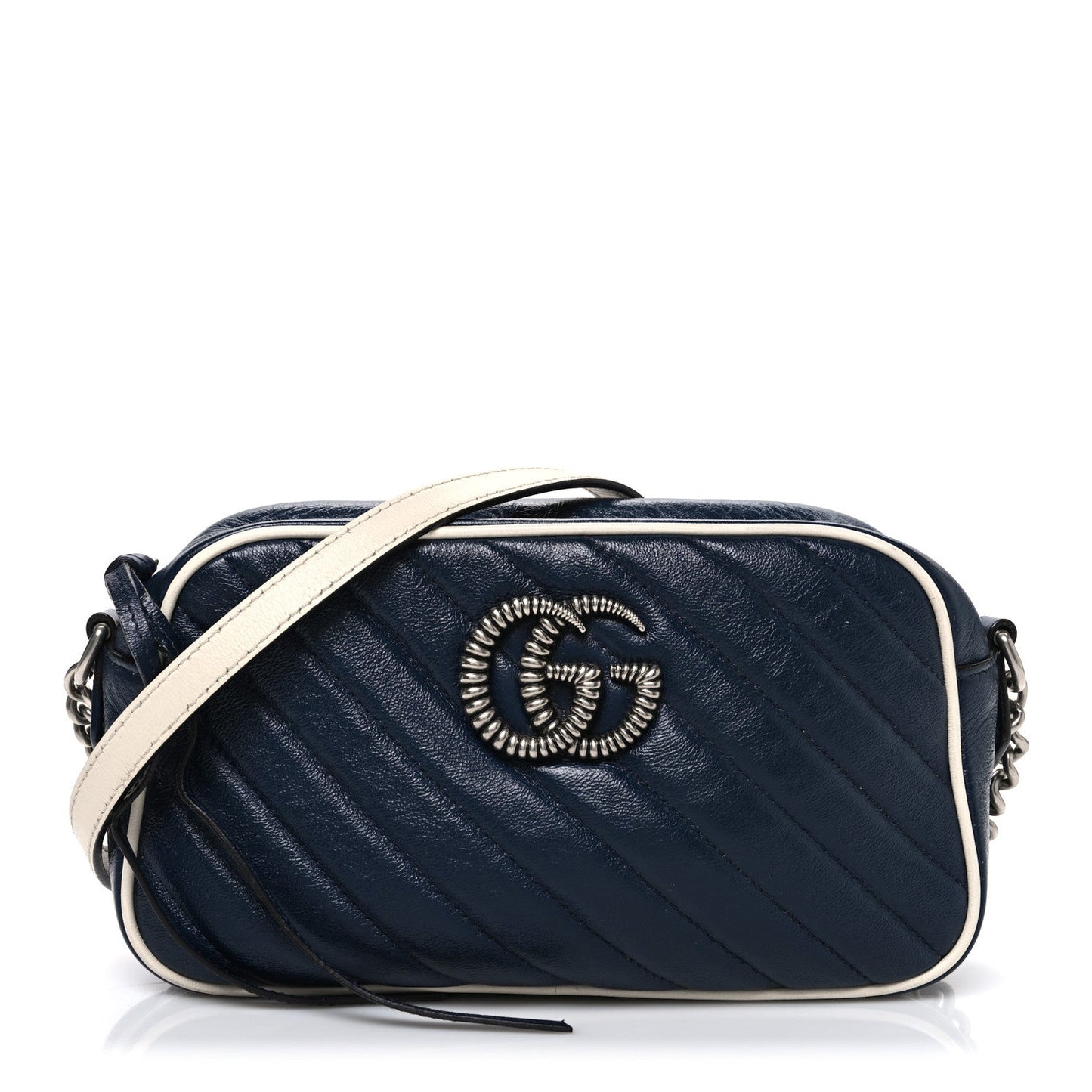 Vintage Effect Calfskin Matelasse Diagonal Small Torchon GG Marmont Chain Shoulder Bag Blue Agata Mystic White