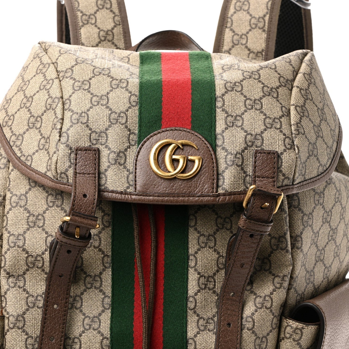 GG Supreme Monogram Medium Ophidia Double Buckle Backpack Brown