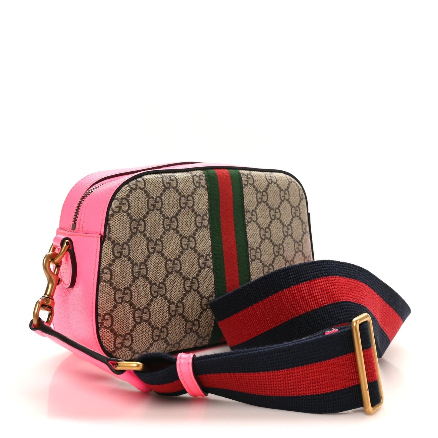 GG Supreme Monogram Textured Dollar Calfskin Web Ophidia Small Crossbody Bag Beige Ebony Fuchsia
