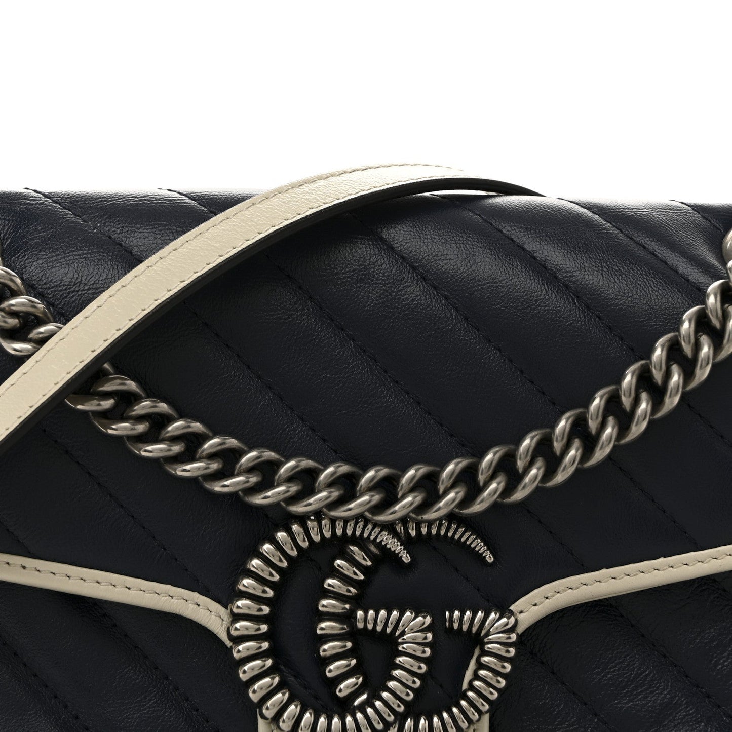 Vintage Effect Calfskin Matelasse Diagonal Small Torchon GG Marmont Shoulder Bag Blue Agata Mystic White