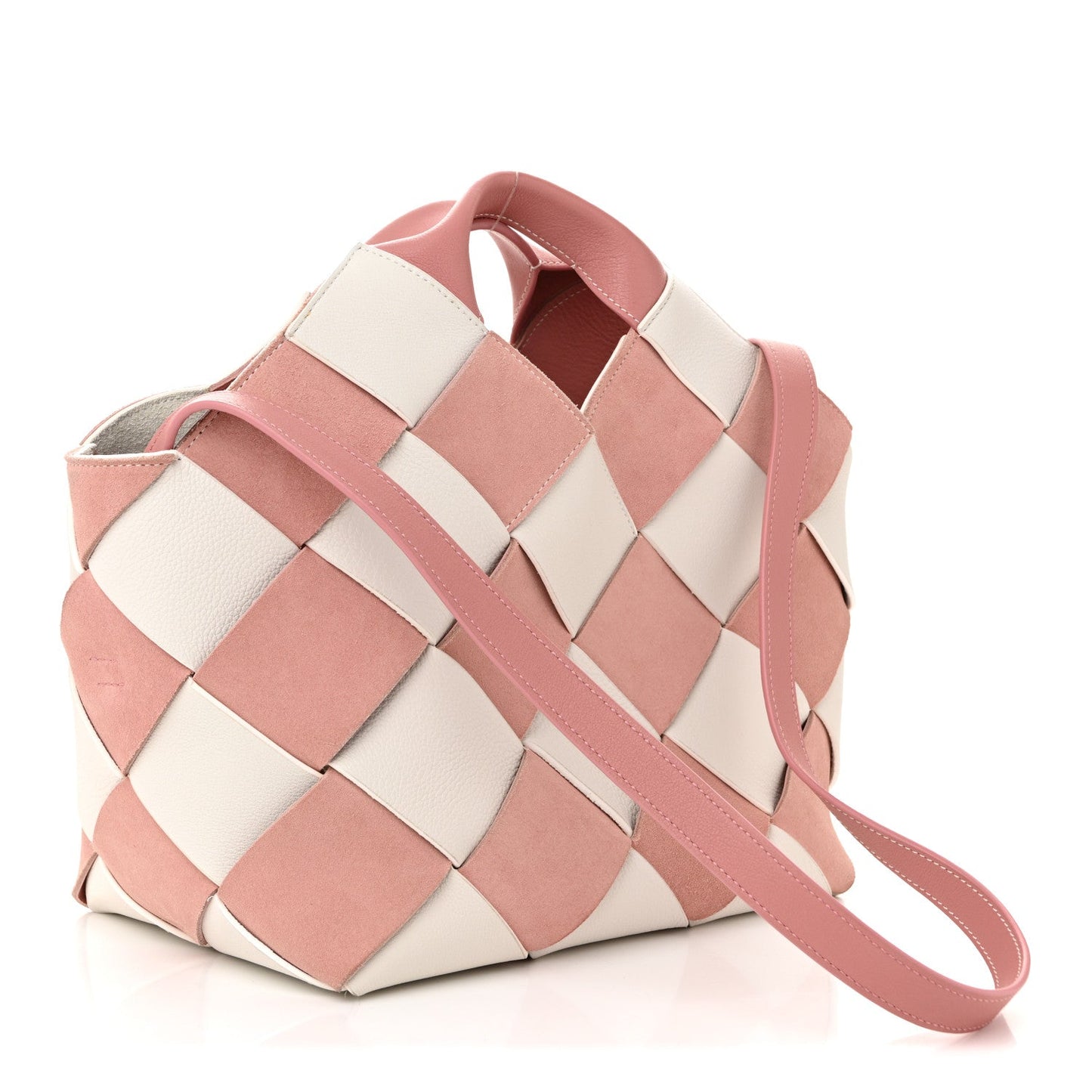 Calfskin Suede Gingham Woven Basket Bag Soft Pink White