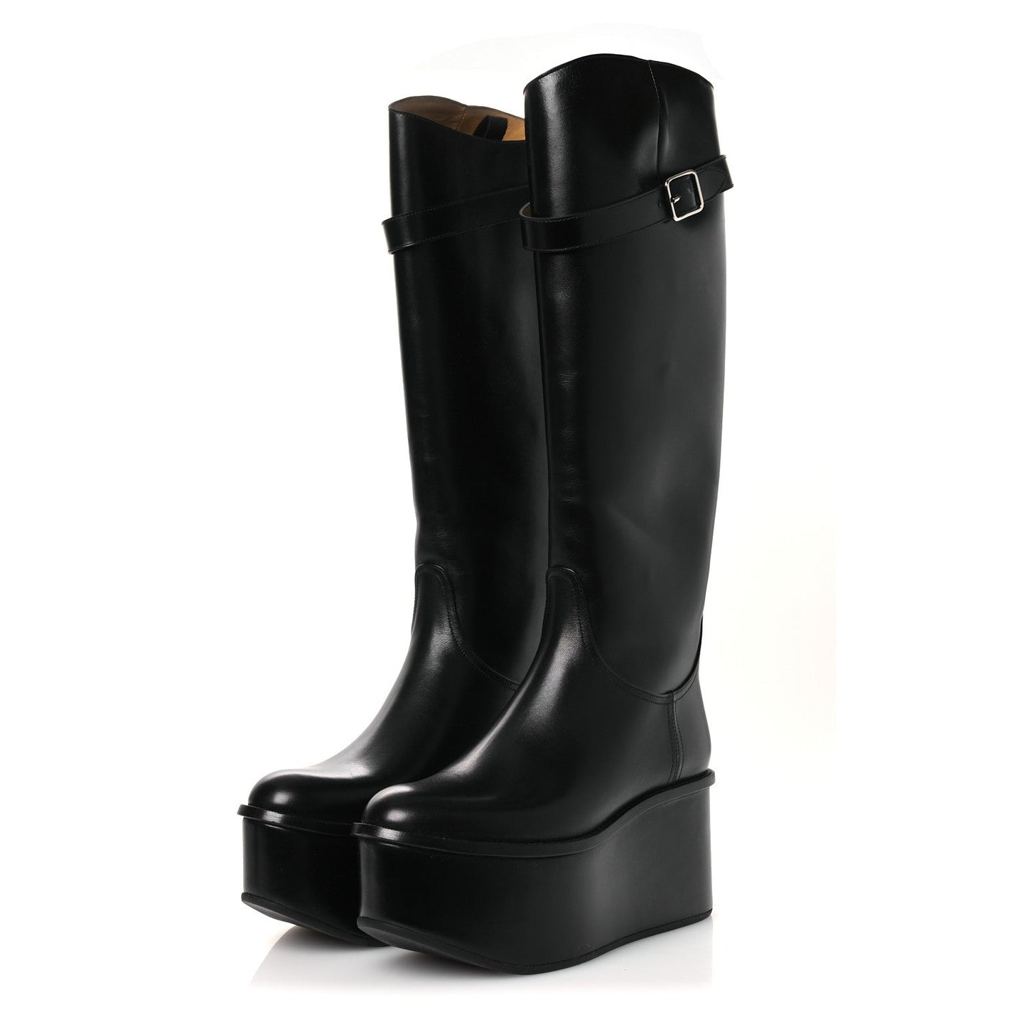 Calfskin Wedge Riding Boots 38 Black
