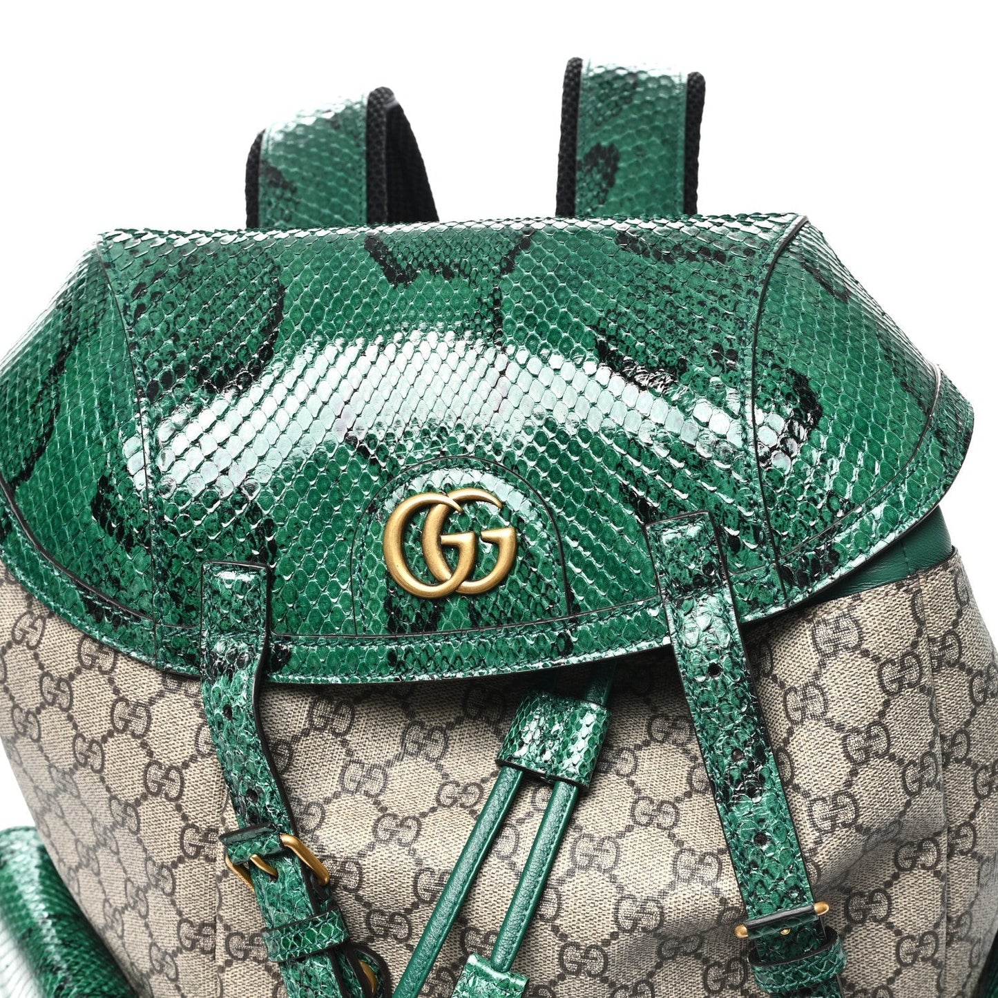 GG Supreme Monogram Snakeskin Ophidia Double Buckle Backpack Brown Green