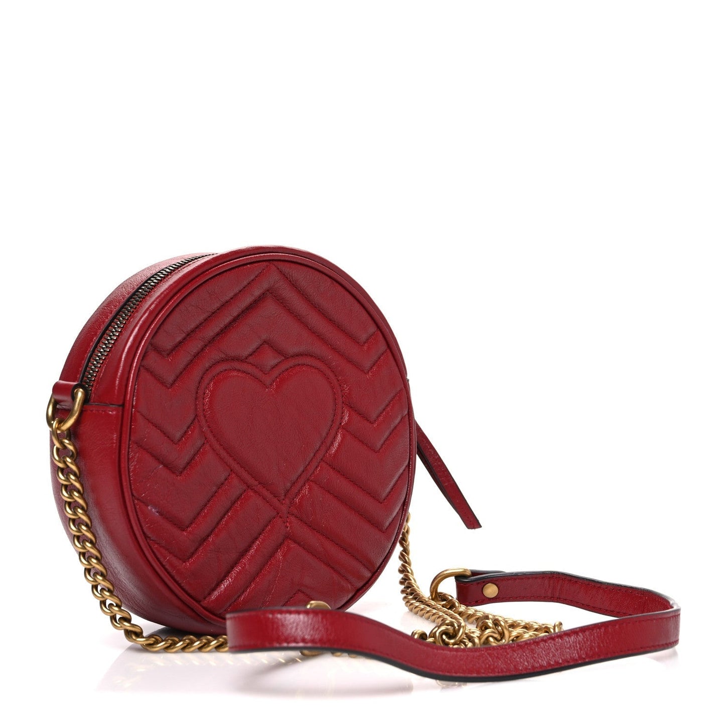 Glazed Calfskin Matelasse Heart Mini GG Marmont Round Shoulder Bag Romantic Cerise