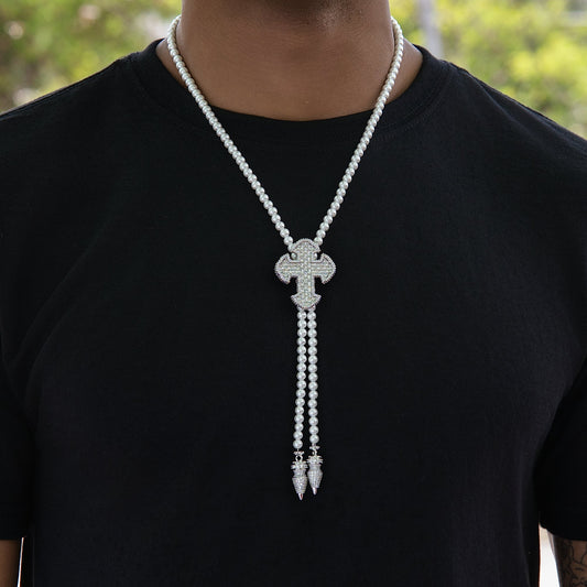 Iced Cross Pearl Bolo Chain in White Gold