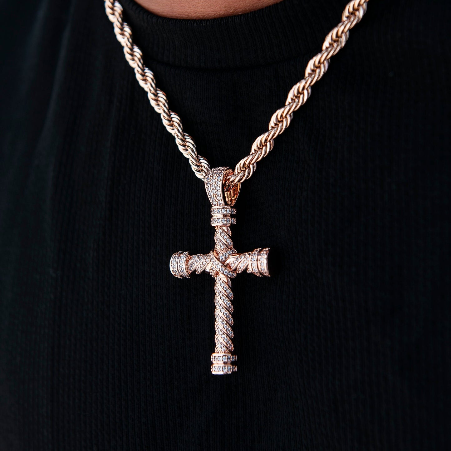 Diamond Rope Cross Pendant in Rose Gold