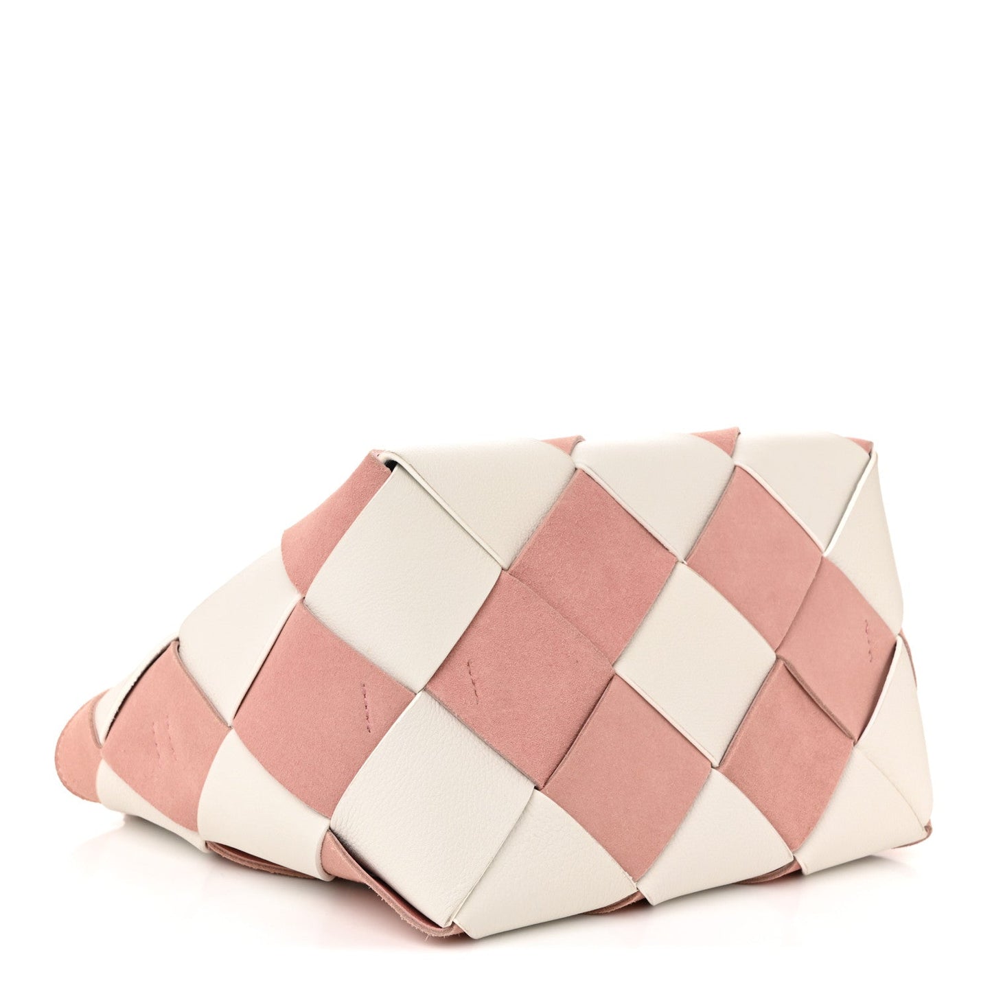 Calfskin Suede Gingham Woven Basket Bag Soft Pink White