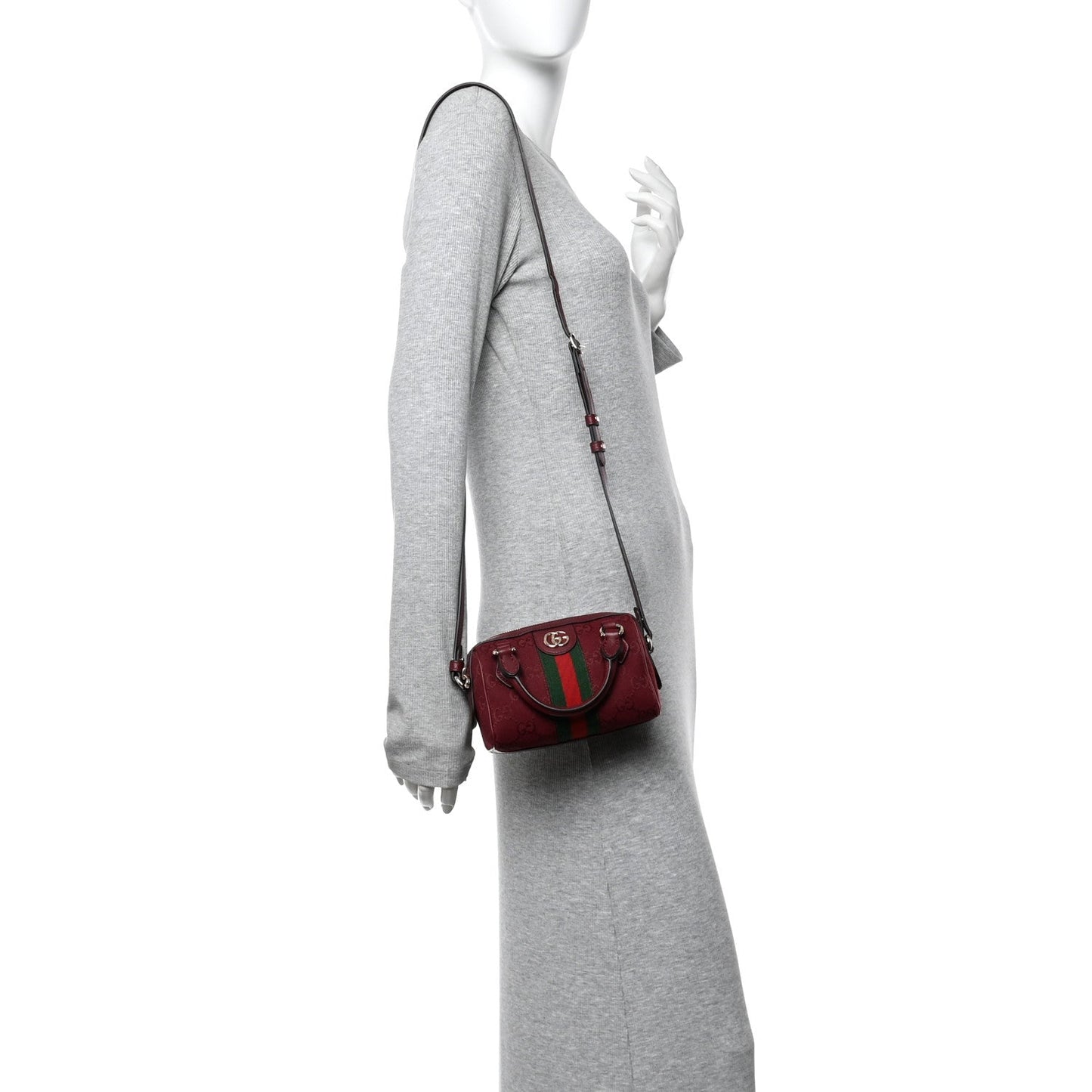 GG Supreme Monogram Textured Dollar Calfskin Web Super Mini Ophidia Top Handle Bowler Bag Rosso Ancora