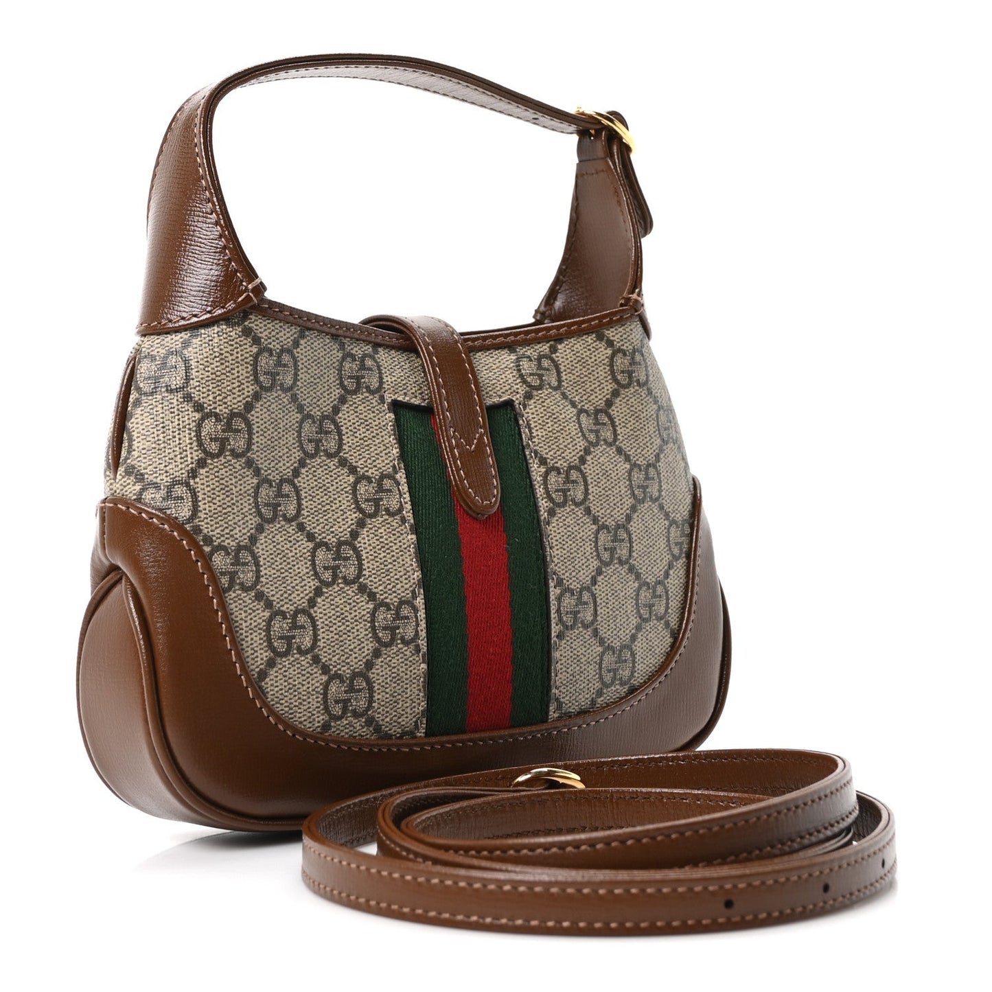 GG Supreme Monogram Azalea Calfskin Web Mini Jackie 1961 Hobo Beige Ebony Brown Sugar