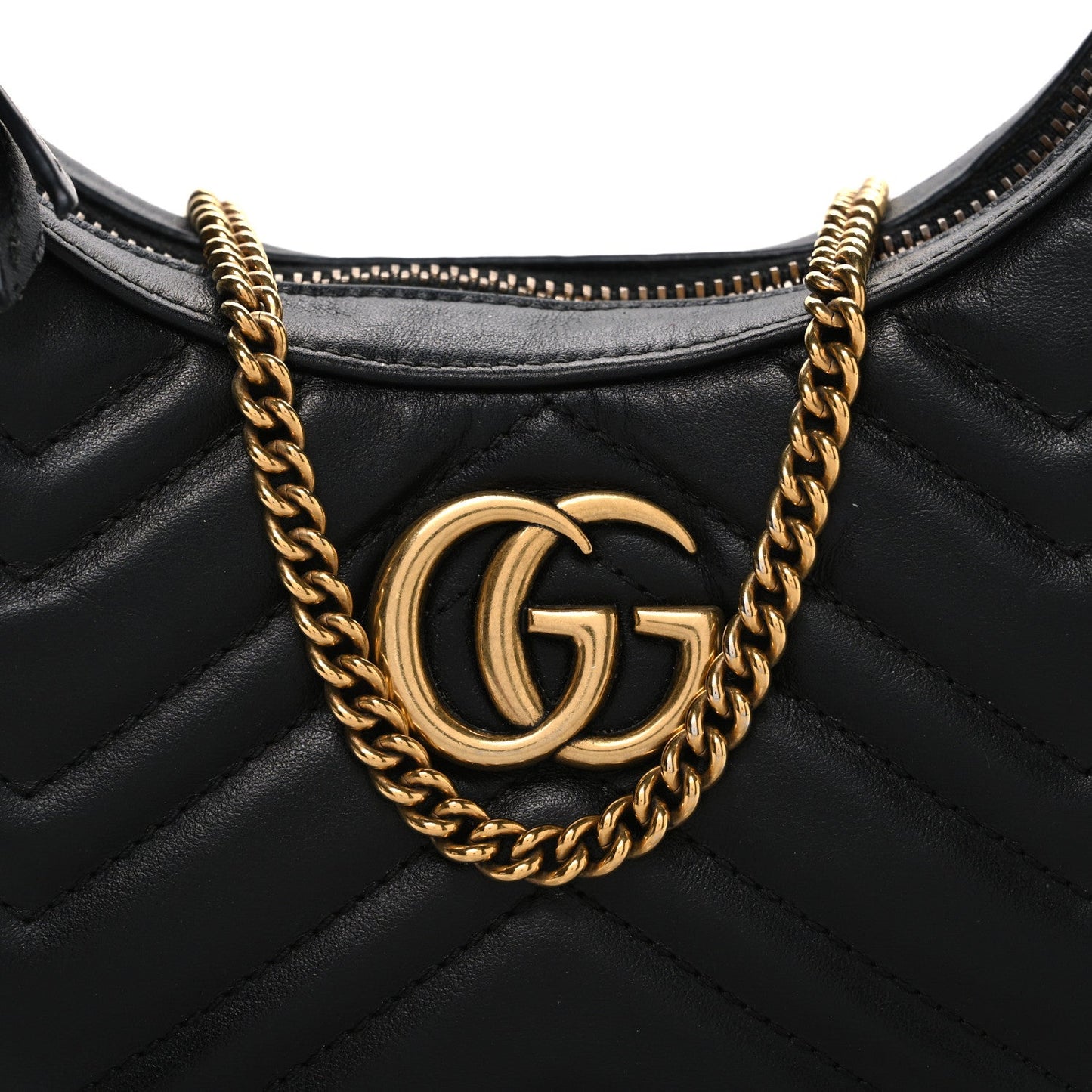 Calfskin Matelasse Chevron Mini GG Marmont Half Moon Hobo Black