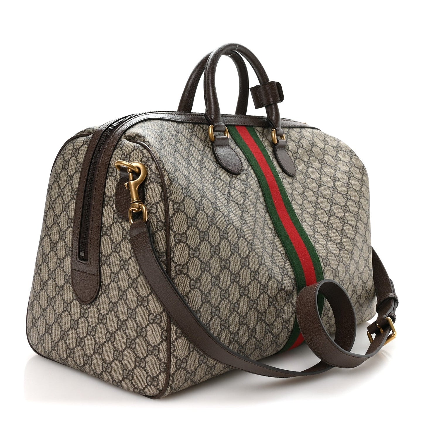 GG Supreme Monogram Textured Dollar Calfskin Web Medium Savoy Duffle Bag Beige Dark Brown
