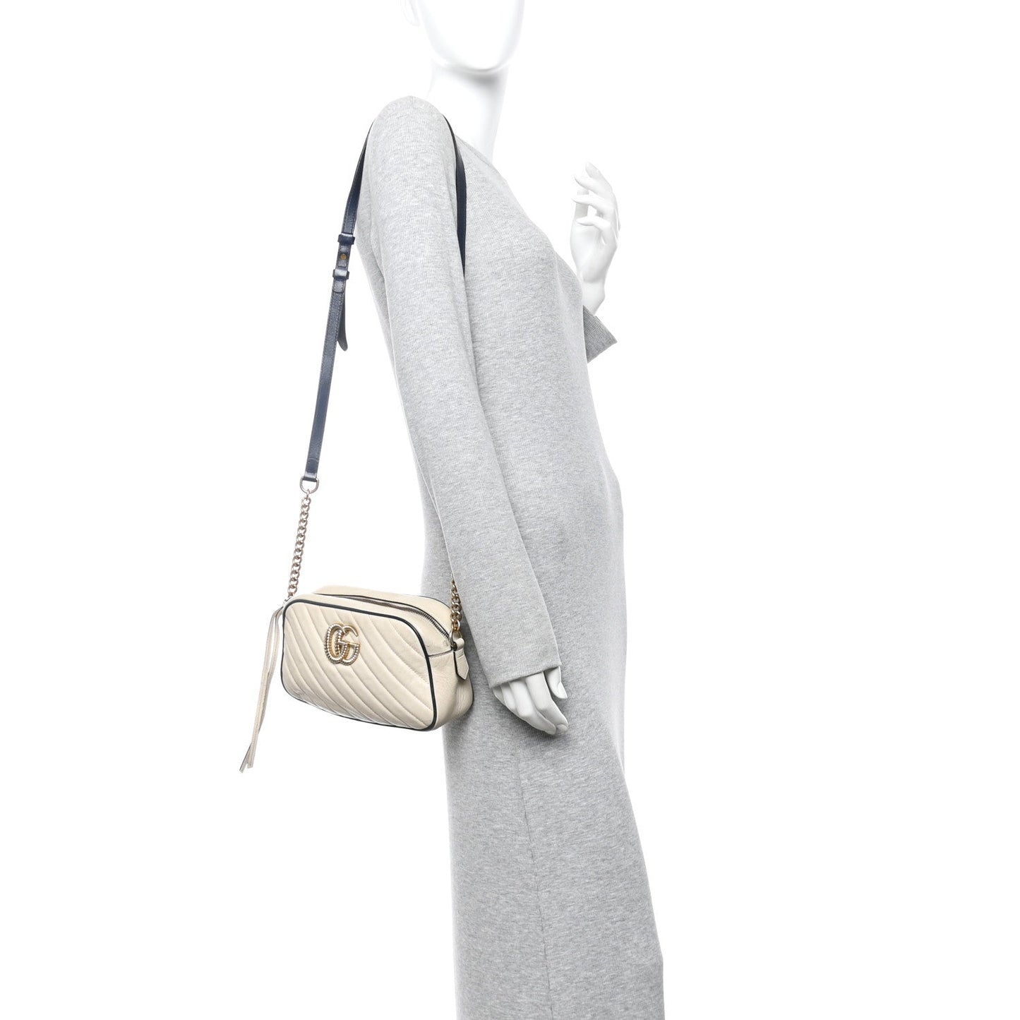 Vintage Effect Calfskin Matelasse Diagonal Small Torchon GG Marmont Chain Shoulder Bag Mystic White Blue Agata