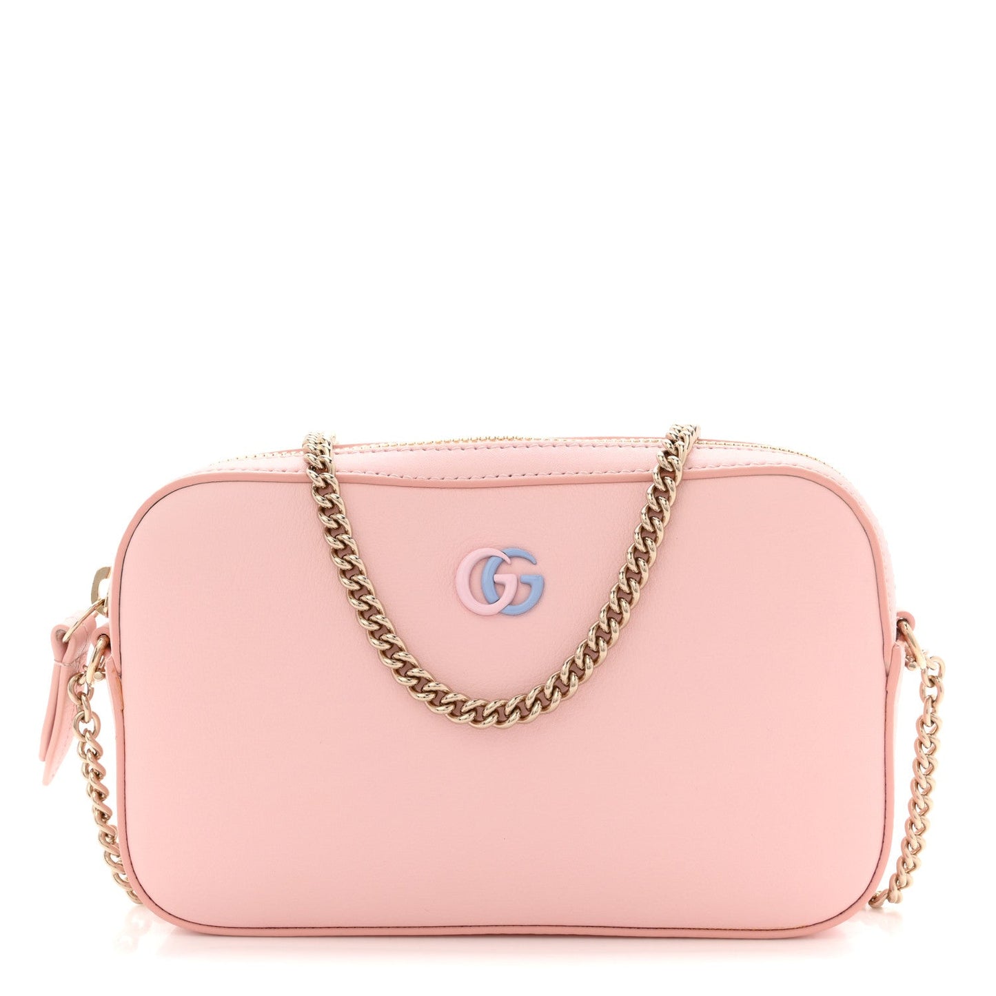Dollar Calfskin Enamel Super Mini GG Marmont Chain Shoulder Bag Light Pink Blue