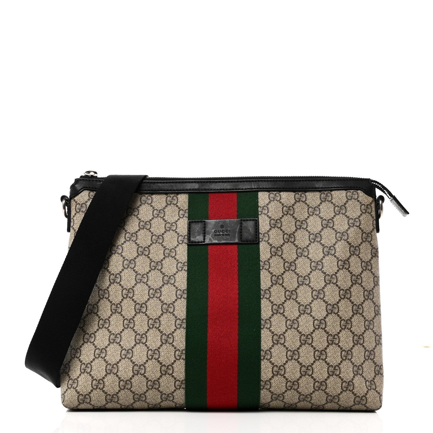 GG Supreme Monogram Calfskin Web Medium Flat Messenger Bag Beige Ebony Black
