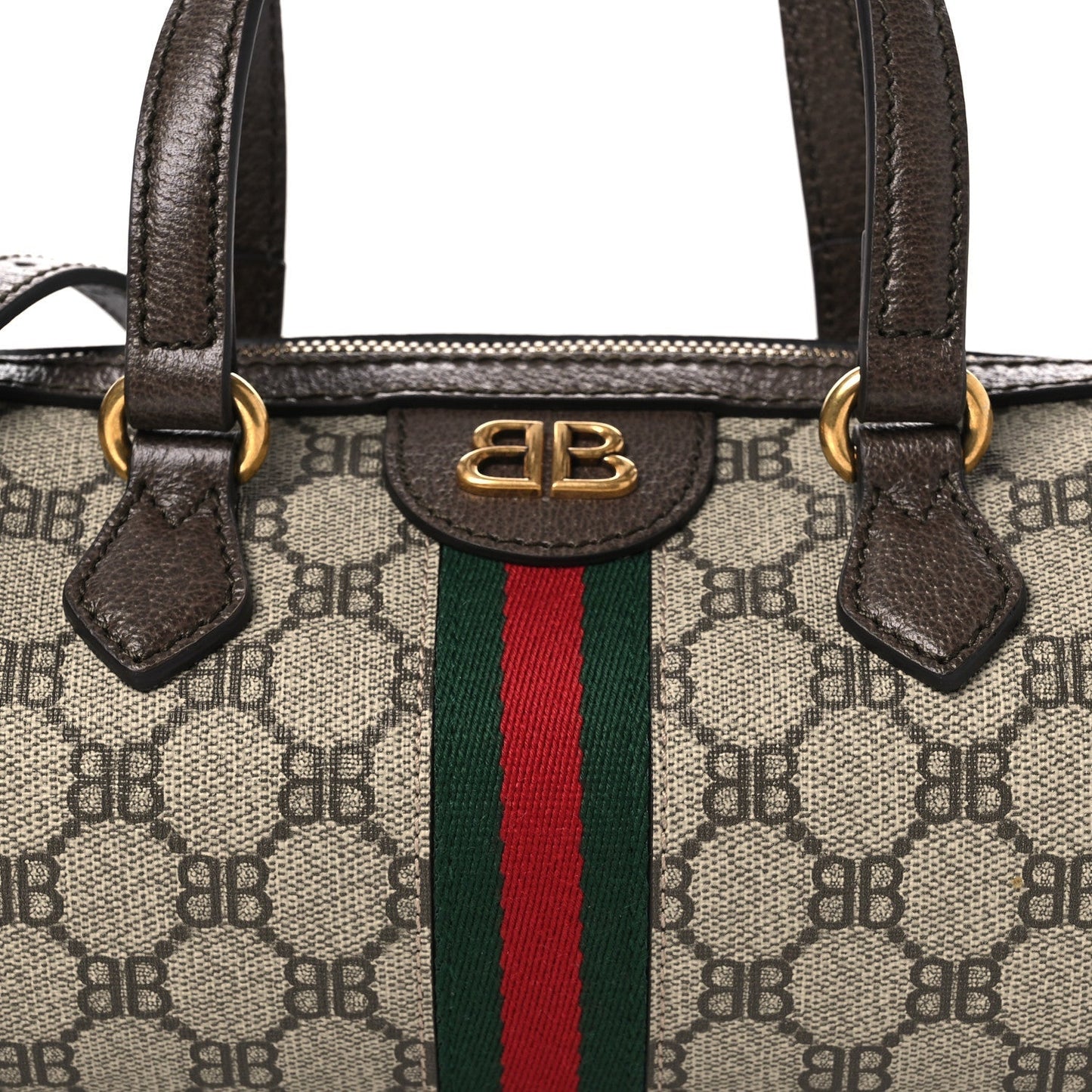 X BALENCIAGA BB Supreme Monogram Web Small Ophidia Boston Bag Beige New Acero
